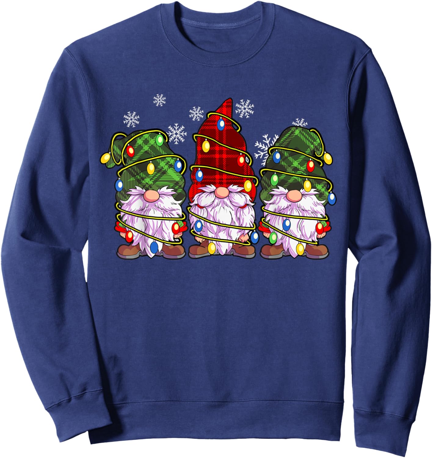 Three Gnomes Wearing Plaid Wrapped In Christmas Lights Sweatshirt - Sweatshirt | Navy