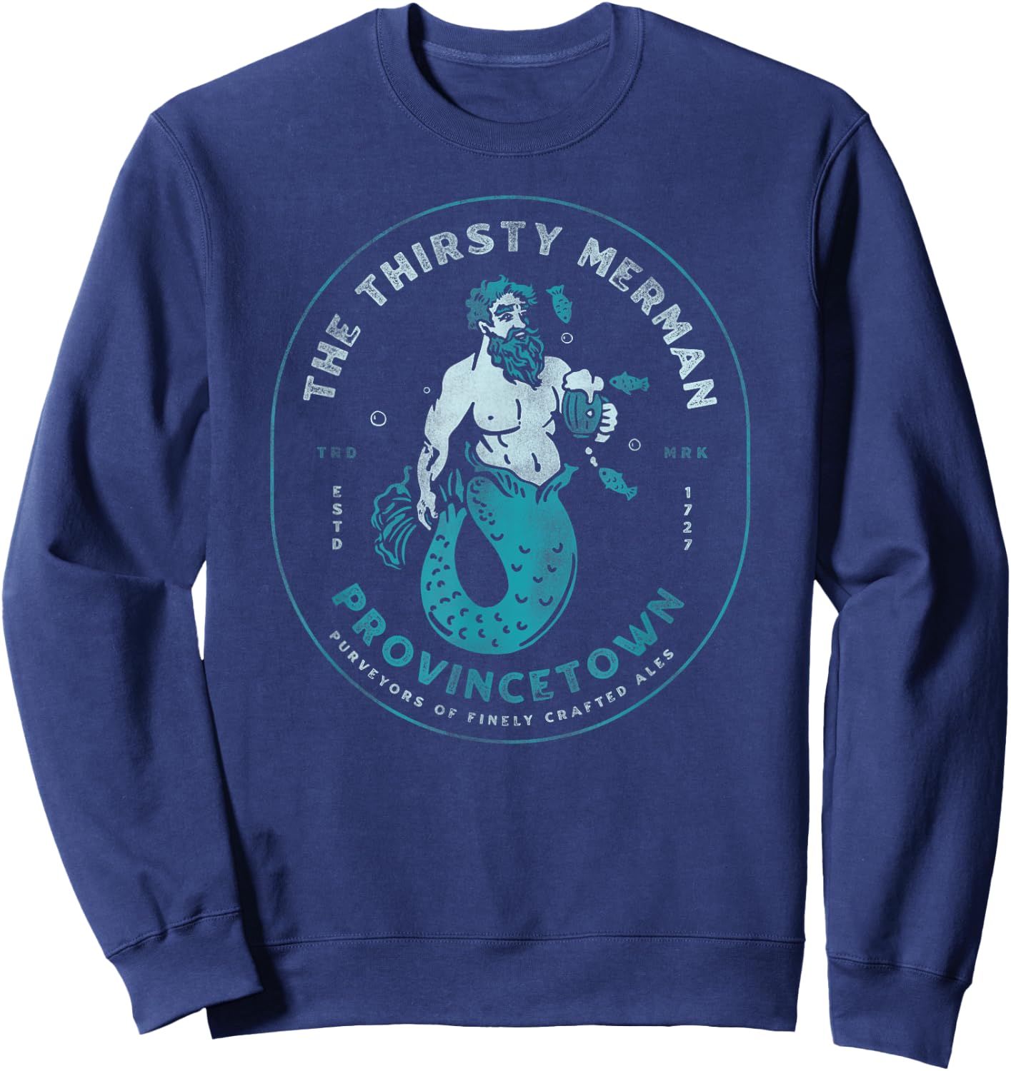 Funny Bearded Mermaid Drinking Beer Ptown Cape Cod Bar Party Sweatshirt - Sweatshirt | Navy