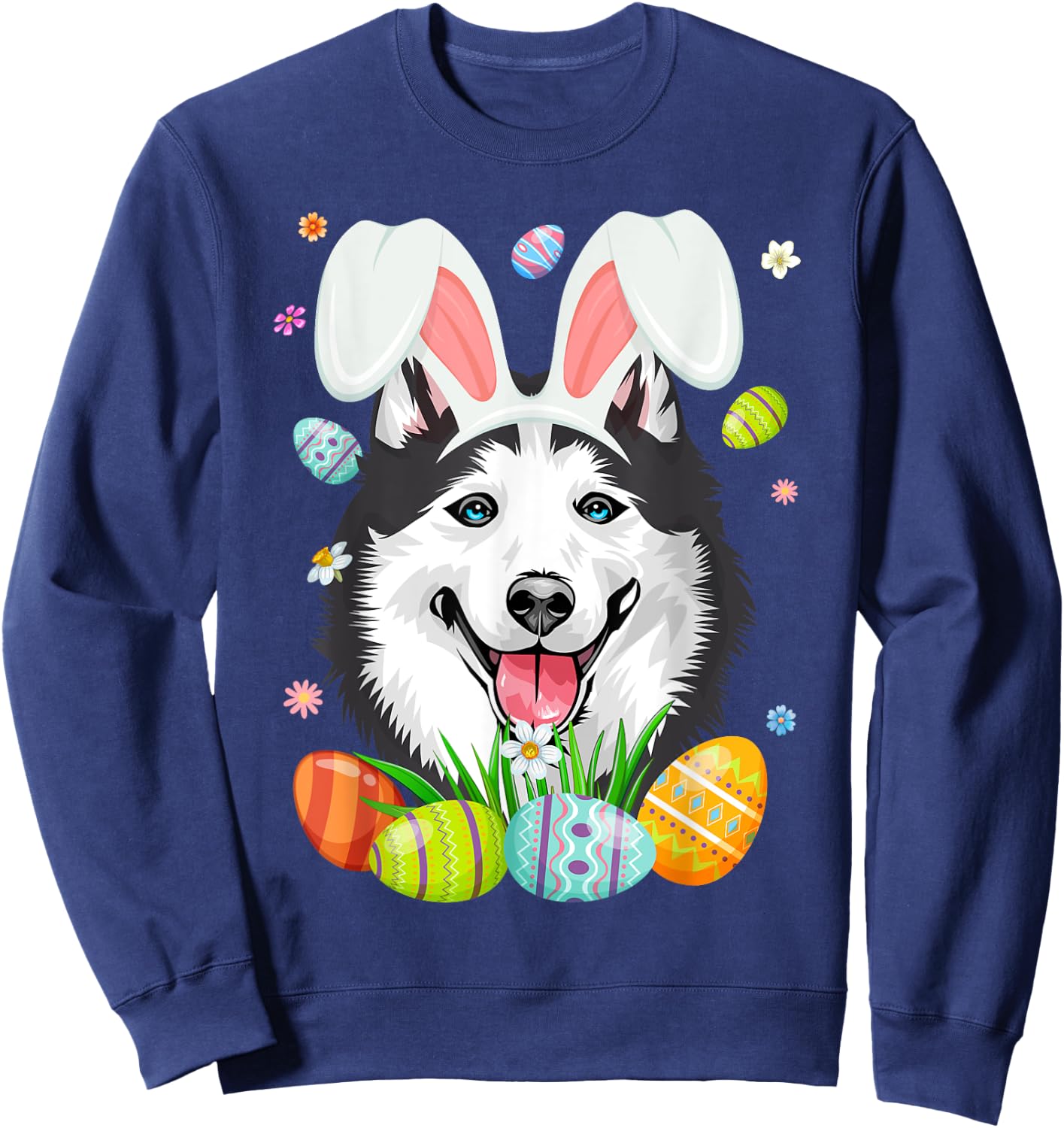 Cute Bunny Siberian Husky Dog Head & Easter Egg Easter Day Women Girls Kids Sweatshirt - Sweatshirt | Navy