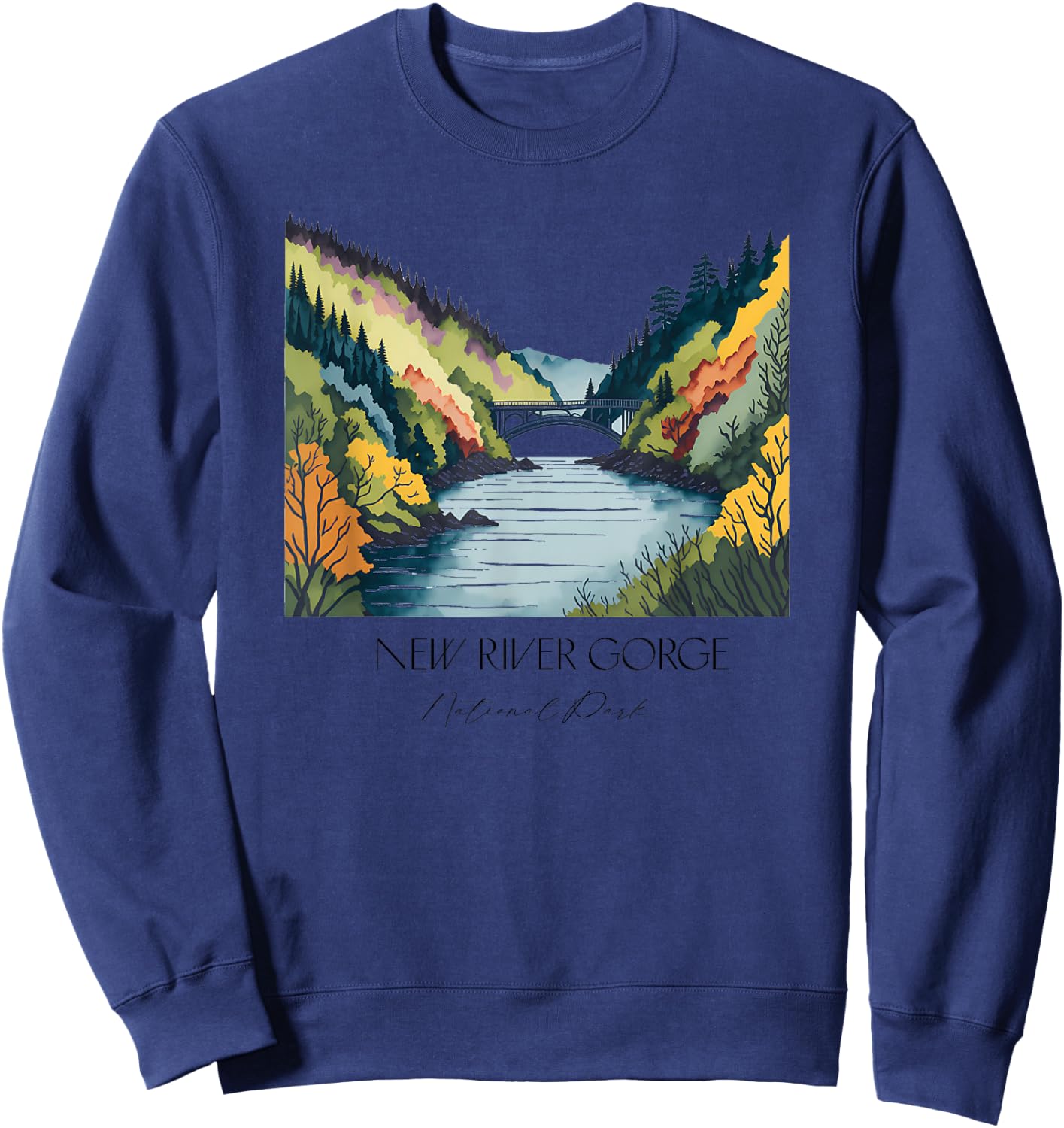 Cool New River Gorge National Park Hiking Watercolor Graphic Sweatshirt - Sweatshirt | Navy