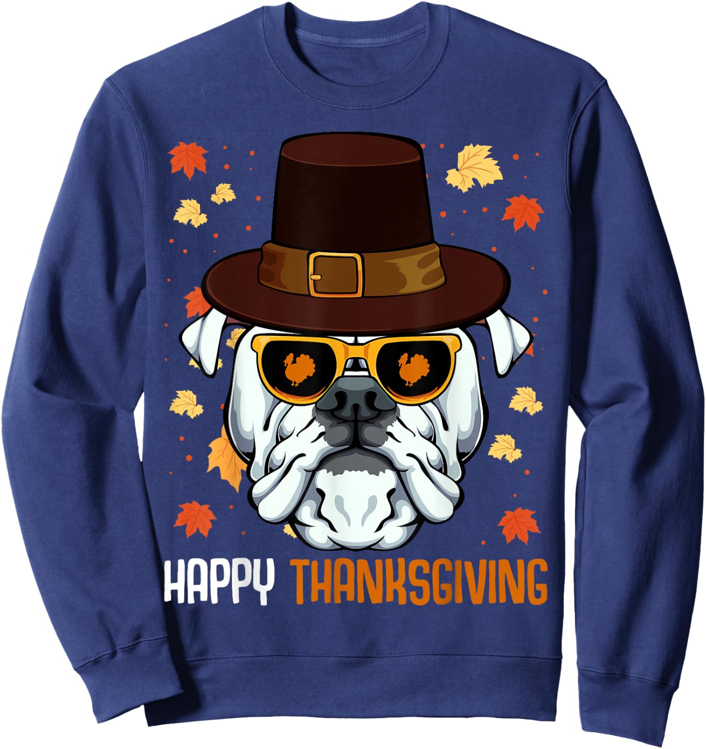 English Bulldog On Sunglasses Thanksgiving Day Dog Turkey Sweatshirt - Sweatshirt | Navy