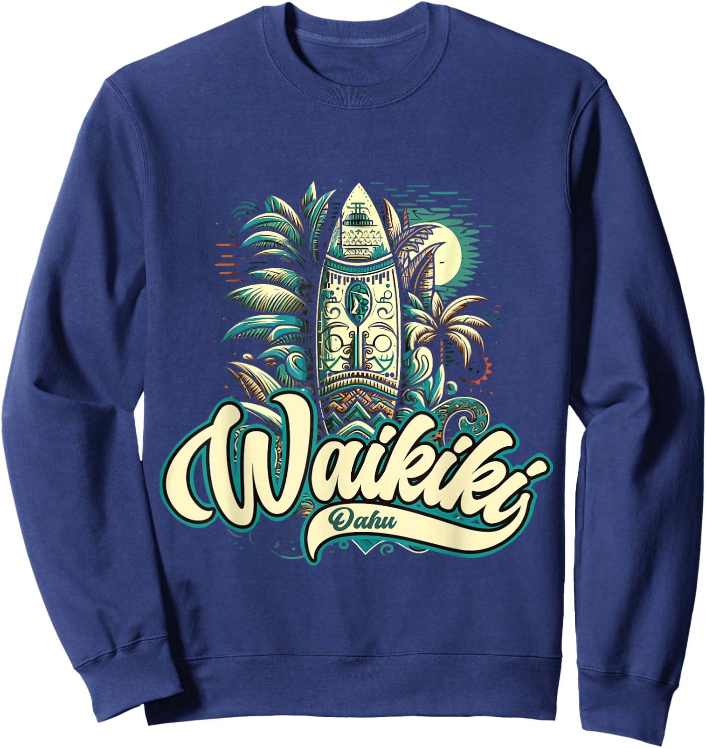 Waikiki Beach Polynesian Hawaii Surf Design Sweatshirt - Sweatshirt | Navy