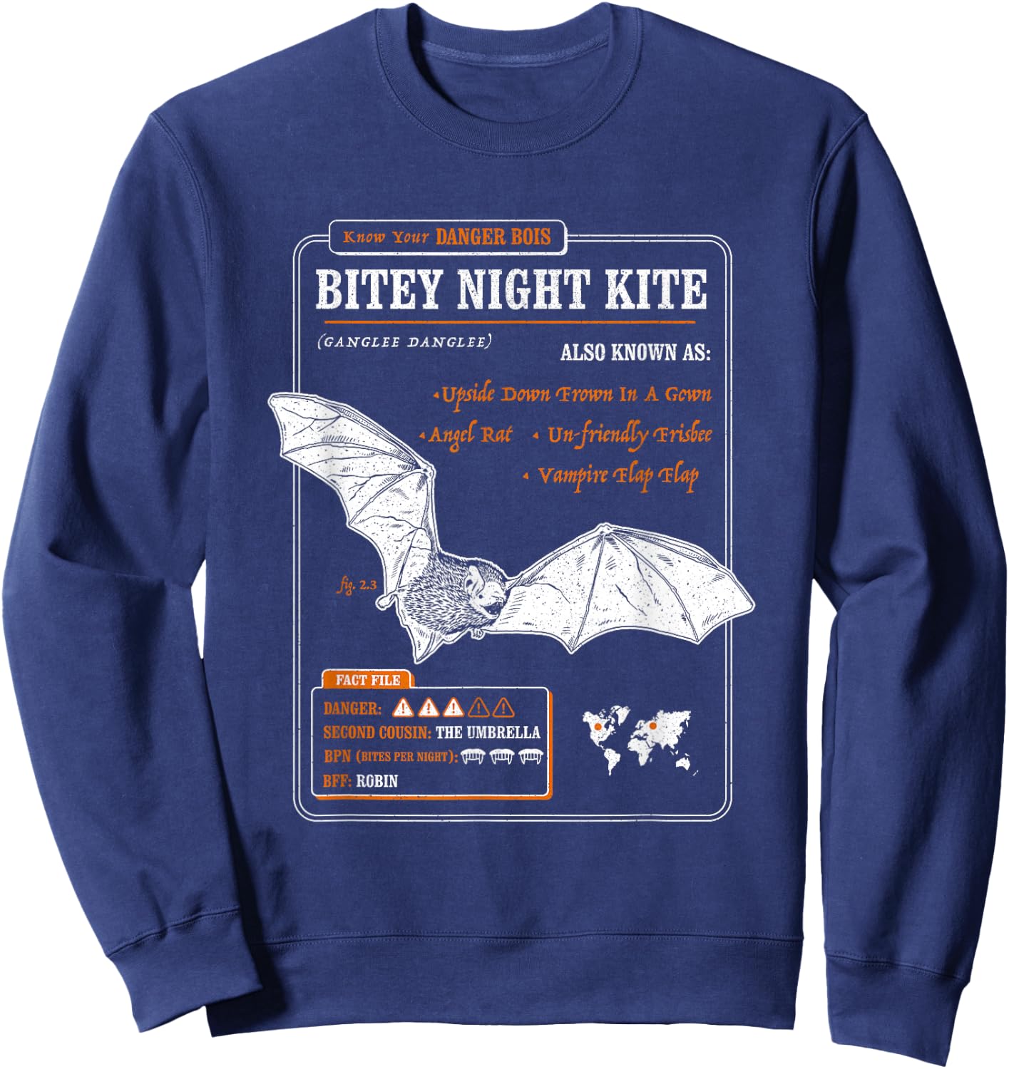 Funny Bat Fact File - Bitey Night Kite Sweatshirt - Sweatshirt | Navy