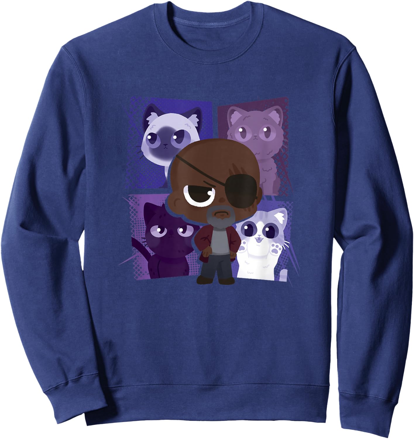 Marvel The Marvels Nick Fury Flerken Chibi Box Up Poster Sweatshirt - Sweatshirt | Navy