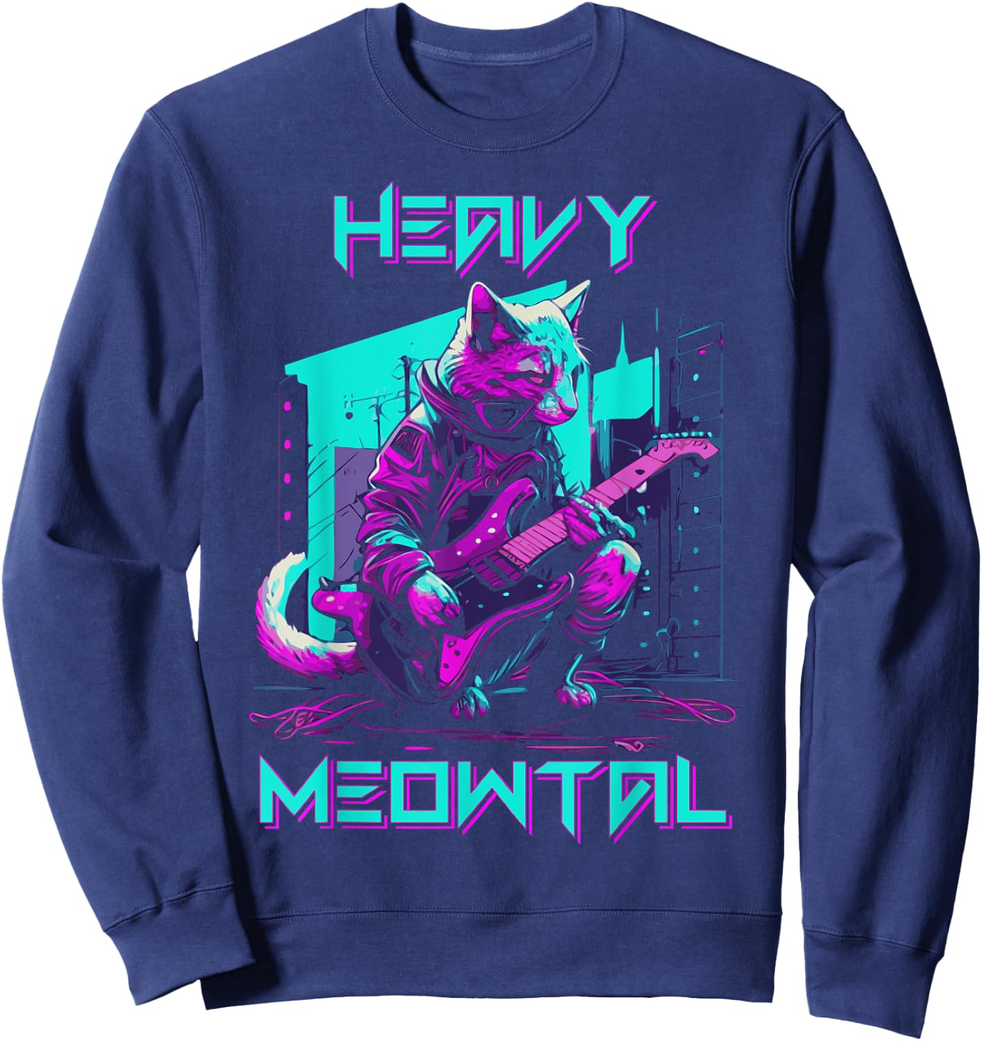 Vaporwave 80s Cat Playing Guitar Cyberpunk Meowtal Sweatshirt - Sweatshirt | Navy