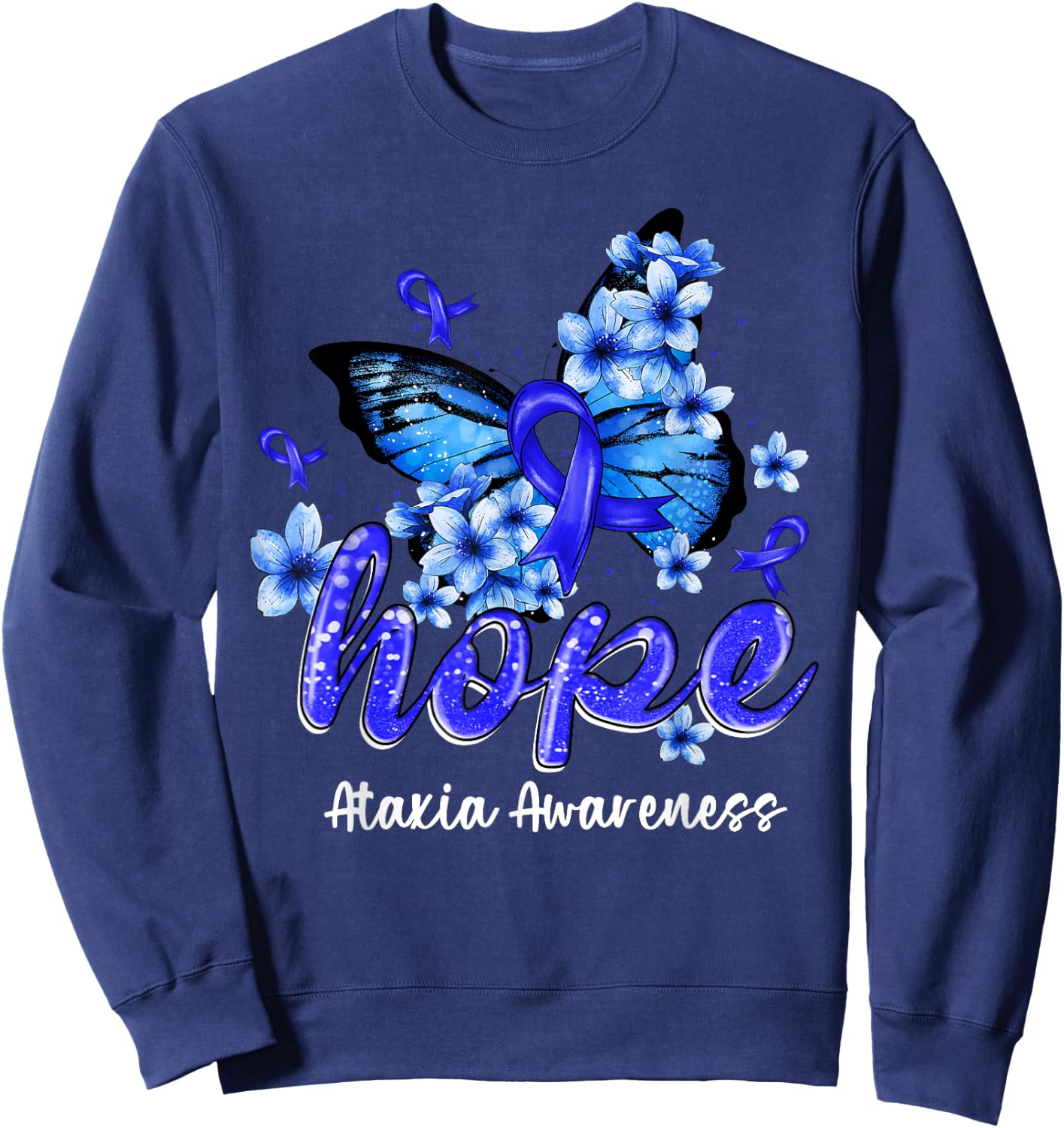 Hope Butterfly Blue Ribbon Ataxia Awareness Gifts Sweatshirt - Sweatshirt | Navy