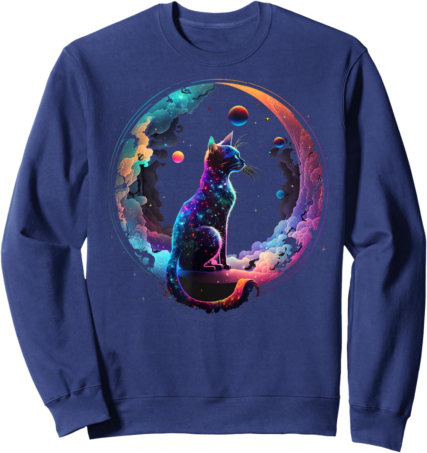 Cosmic Cat Cool Colorful Crescent Moon and Clouds Kitten Sweatshirt - Sweatshirt | Navy