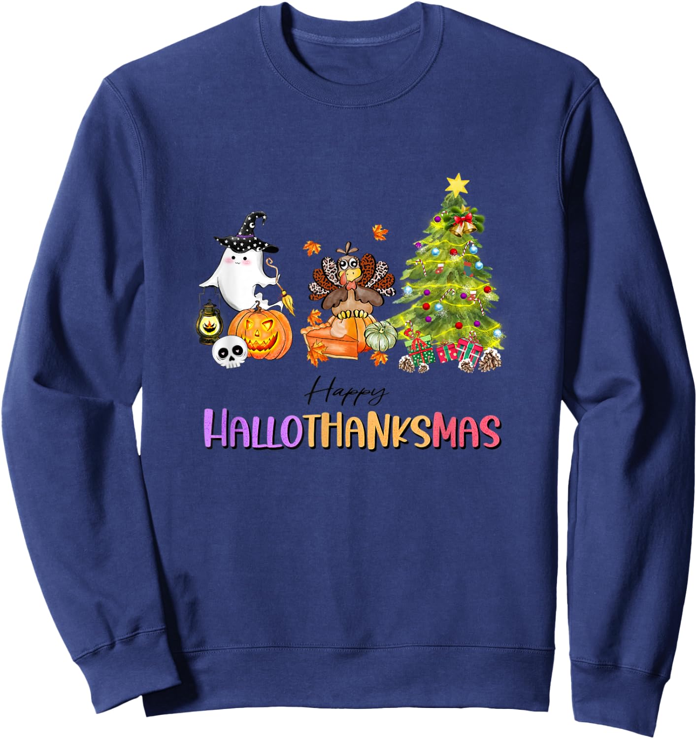 Happy Hallothanksmas Ghost Turkey Christmas Tree Sweatshirt - Sweatshirt | Navy