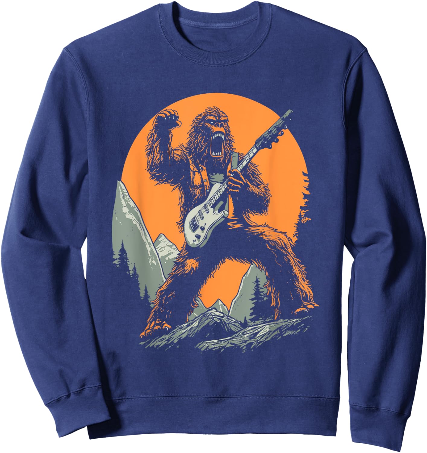 Bigfoot Playing Electric Guitar Funny Sasquatch Rocker Sweatshirt - Sweatshirt | Navy
