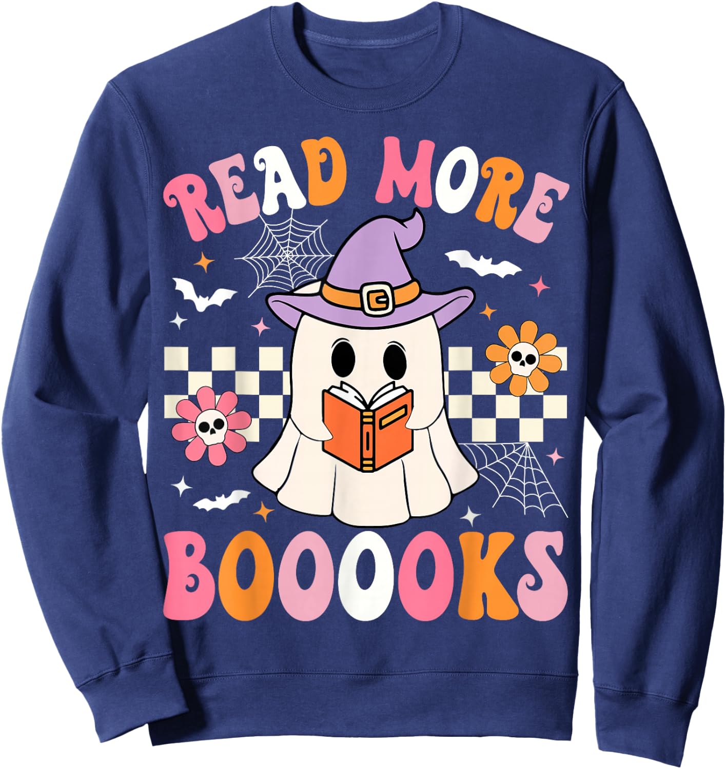 Groovy Booooks Ghost Read More Books Funny Teacher Halloween Sweatshirt - Sweatshirt | Navy