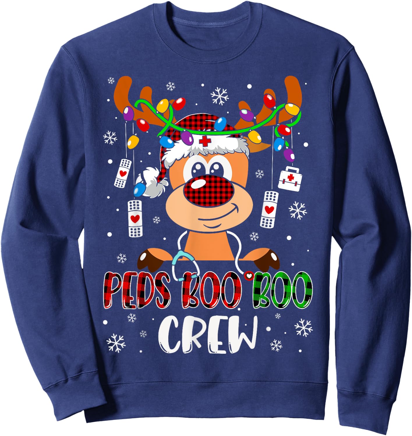 Peds Nurse Boo Crew Reindeer Nurse Buffalo Plaid Christmas Sweatshirt - Sweatshirt | Navy