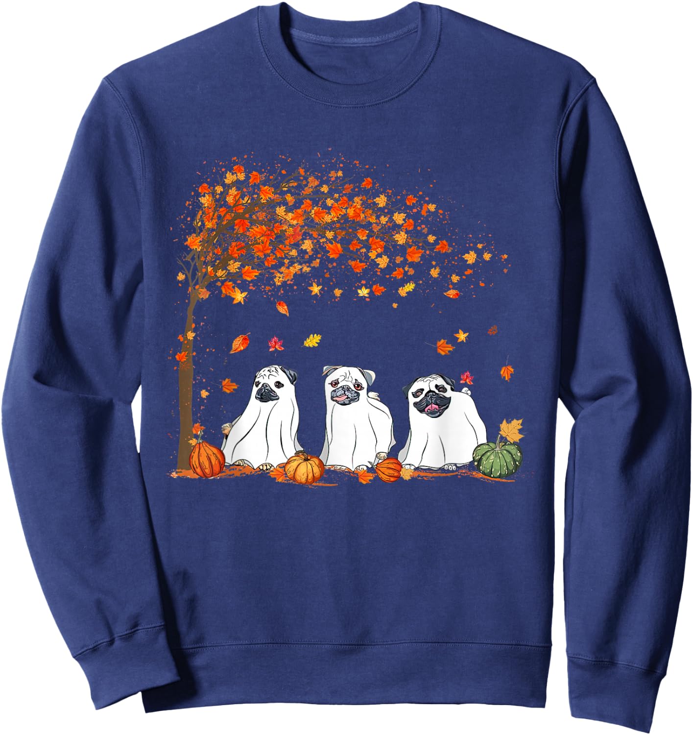 Pug Ghost Cute Under Fall Tree Halloween Autumn Dog Lovers Men Women Sweatshirt - Sweatshirt | Navy