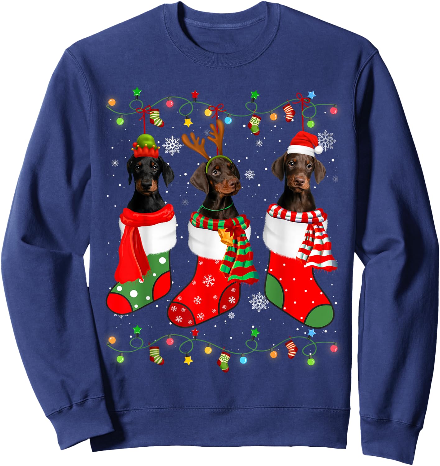 Doberman Dog Christmas Socks Santa Hat Xmas Lights Sweatshirt - Sweatshirt | Navy