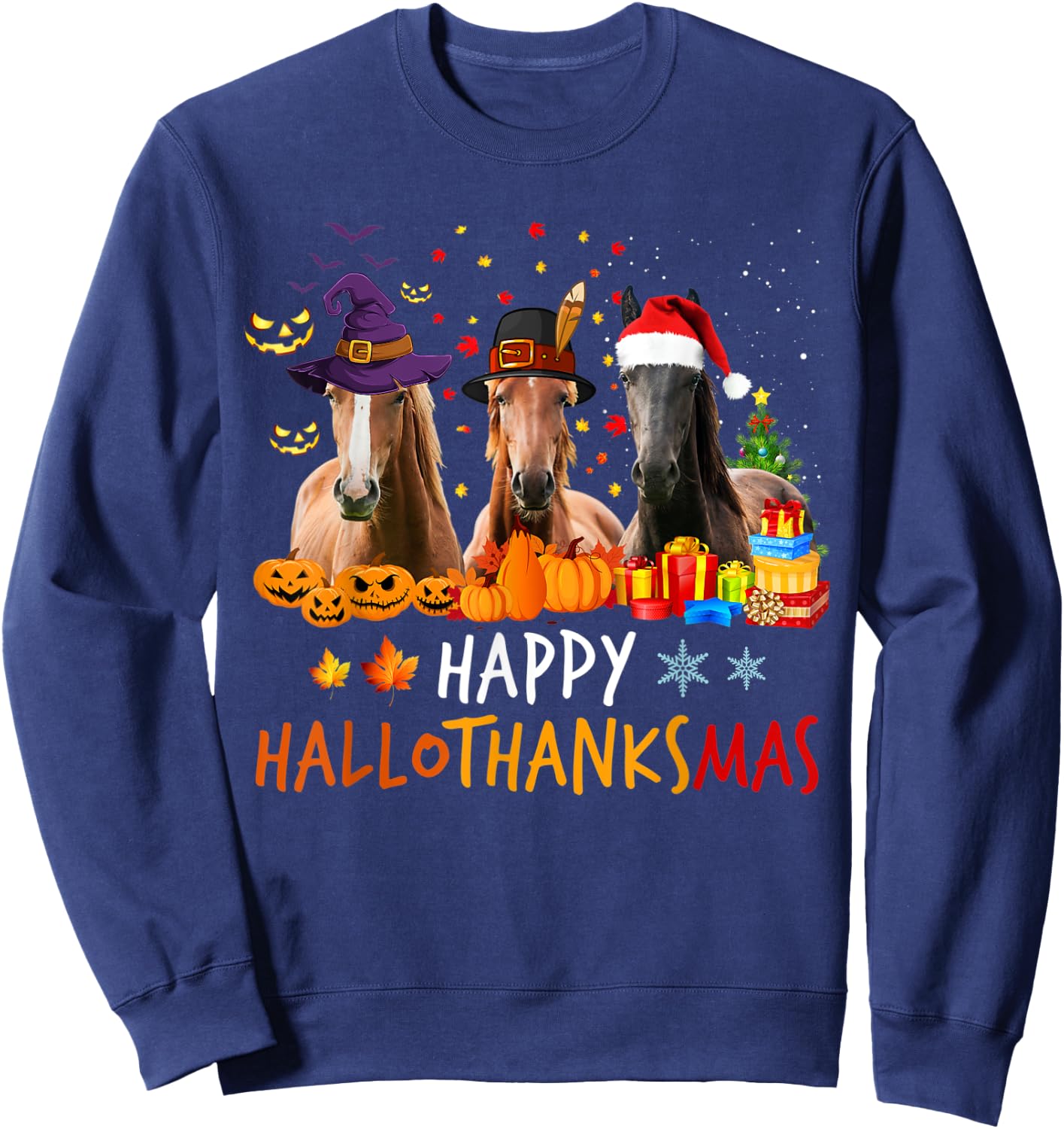 Horse Halloween Happy HalloThanksMas Thanksgiving Horses Sweatshirt - Sweatshirt | Navy