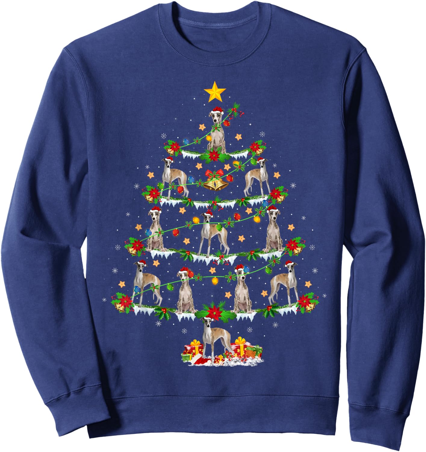 Holiday Xmas Lighting Santa Whippet Dog Christmas Tree Sweatshirt - Sweatshirt | Navy