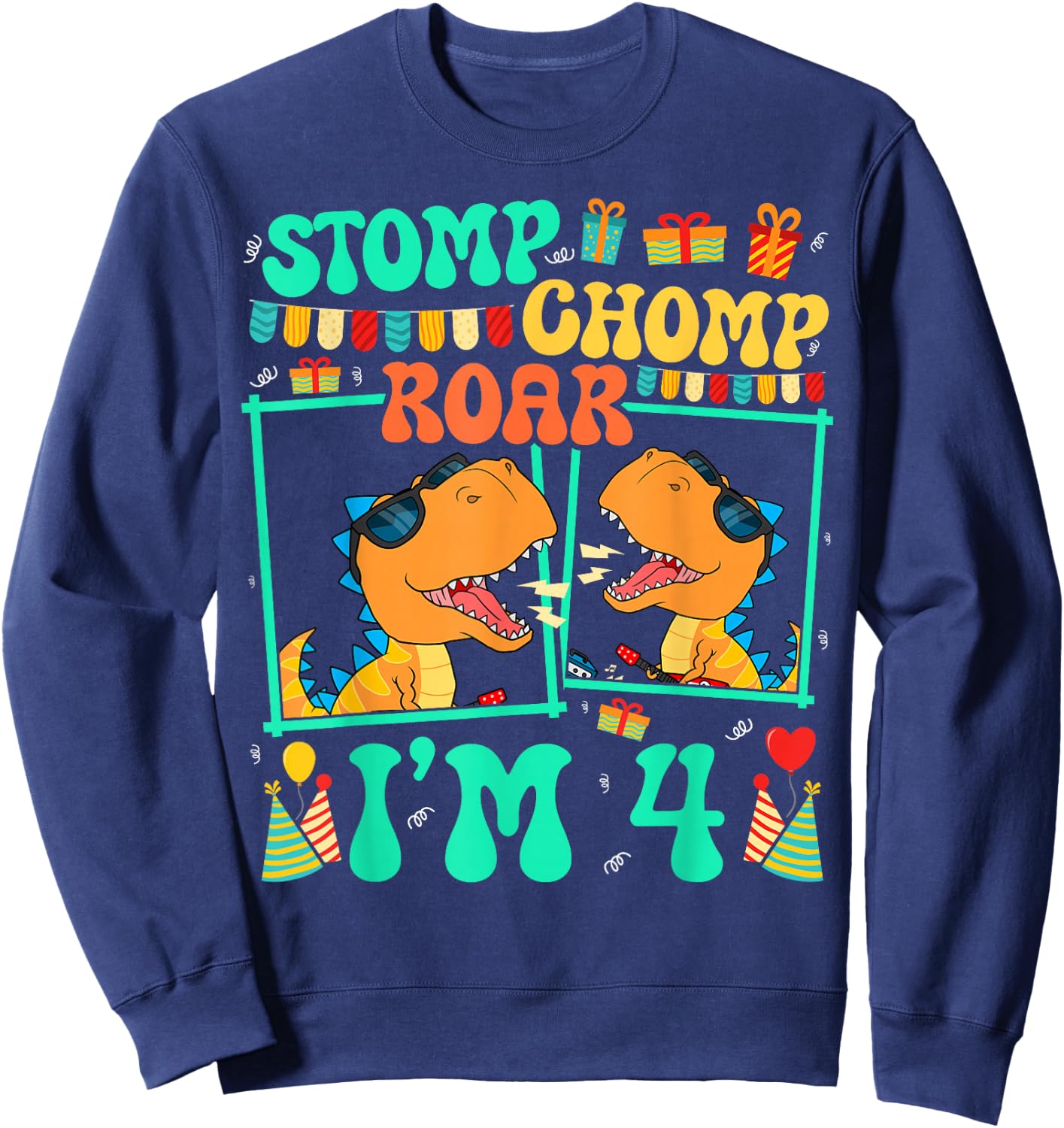 Stomp Chomp Roar I'm 4 Guitar Dinosaur Kid 4th Birthday Sweatshirt - Sweatshirt | Navy