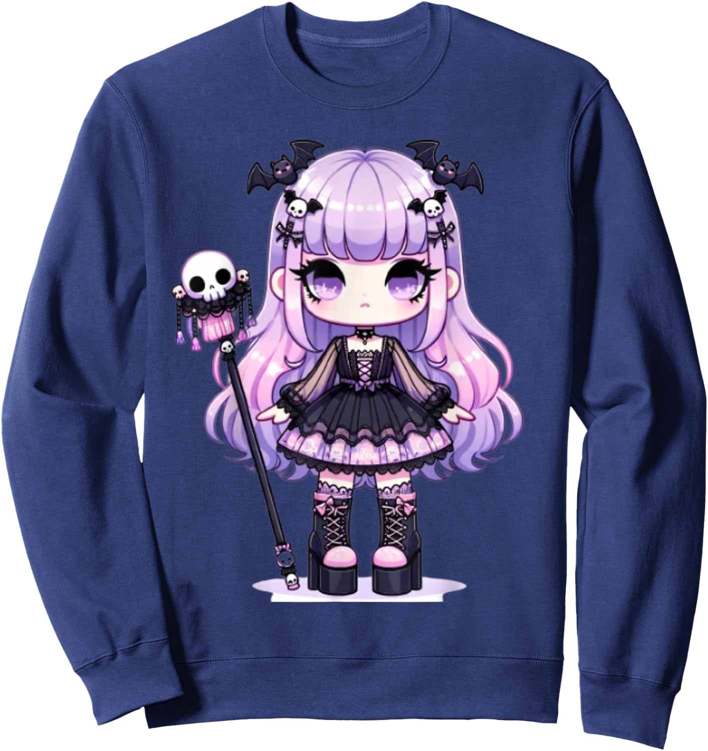 Lilac Chibi Pastel Goth Girl Kawaii Creepy Cute Anime Sweatshirt - Sweatshirt | Navy