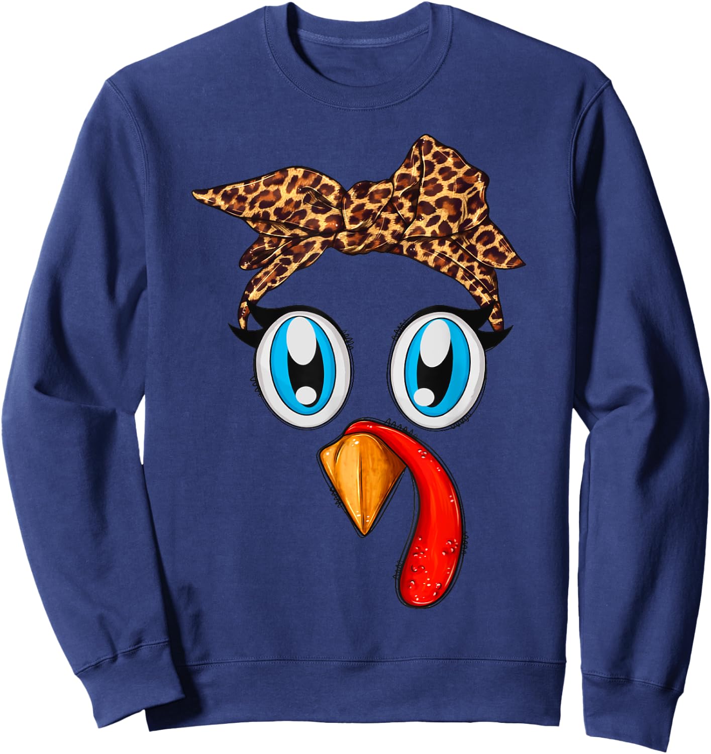 Cute Turkey Face Bandana Leopard Thanksgiving Women Girls Sweatshirt - Sweatshirt | Navy