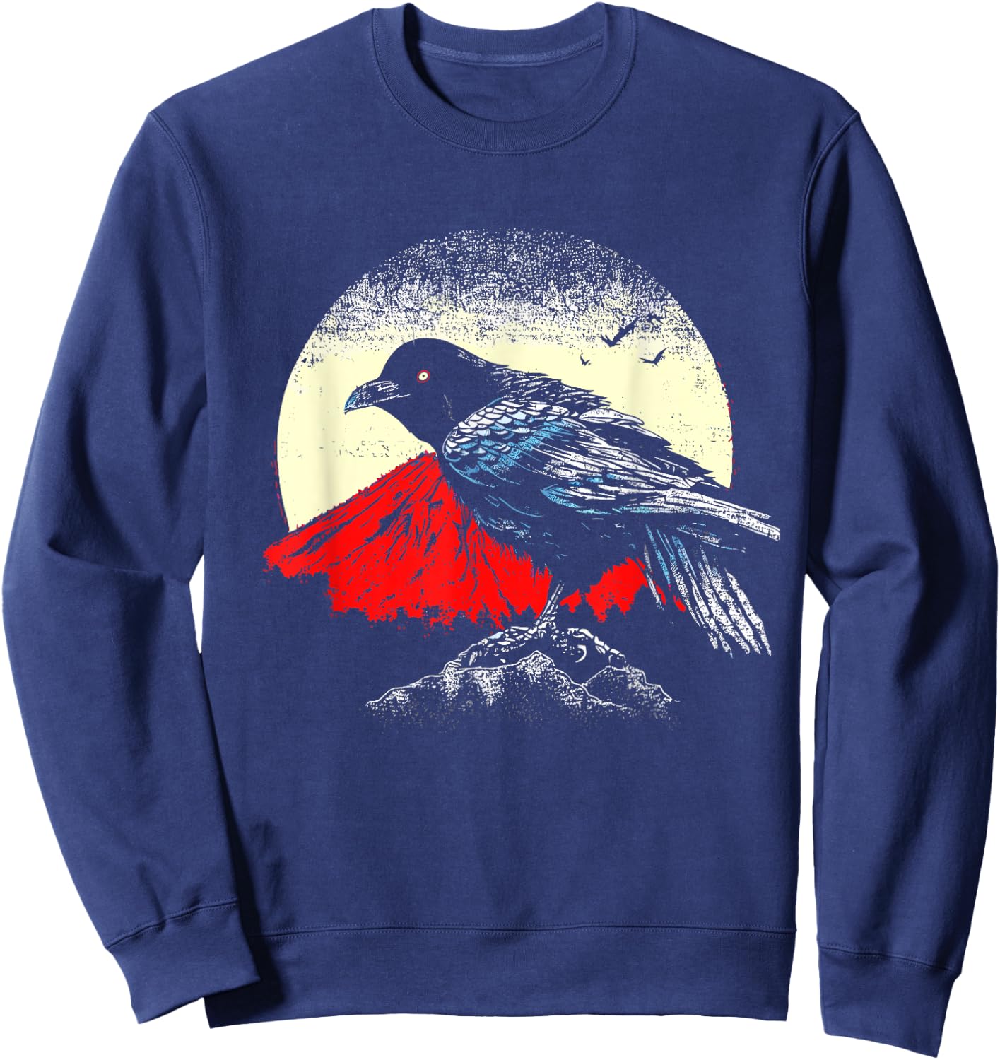 Japanese Art Black Crow Raven Red Moon - Retro Bird Sweatshirt - Sweatshirt | Navy