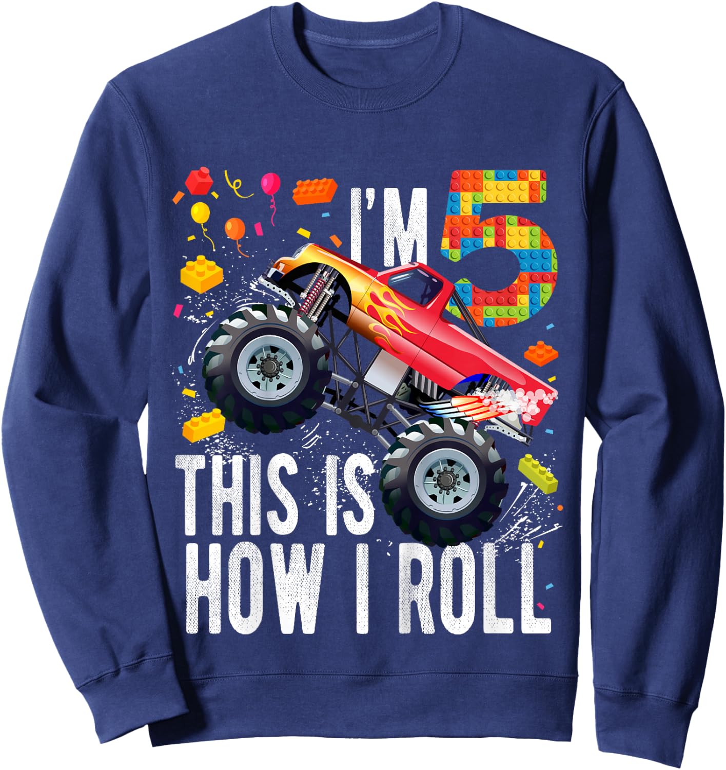 Kids 5 Year Old Building Blocks Monster Truck 5th Birthday Boy Sweatshirt - Sweatshirt | Navy