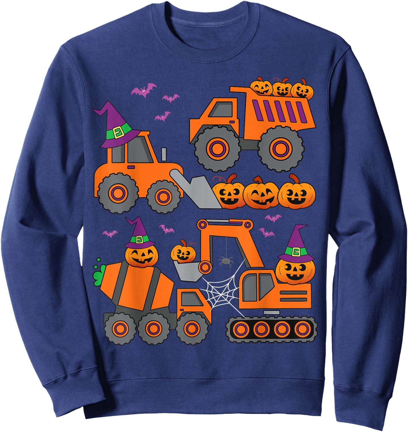 Pumpkin Halloween Construction Vehicle Excavator Truck Kids Sweatshirt - Sweatshirt | Navy