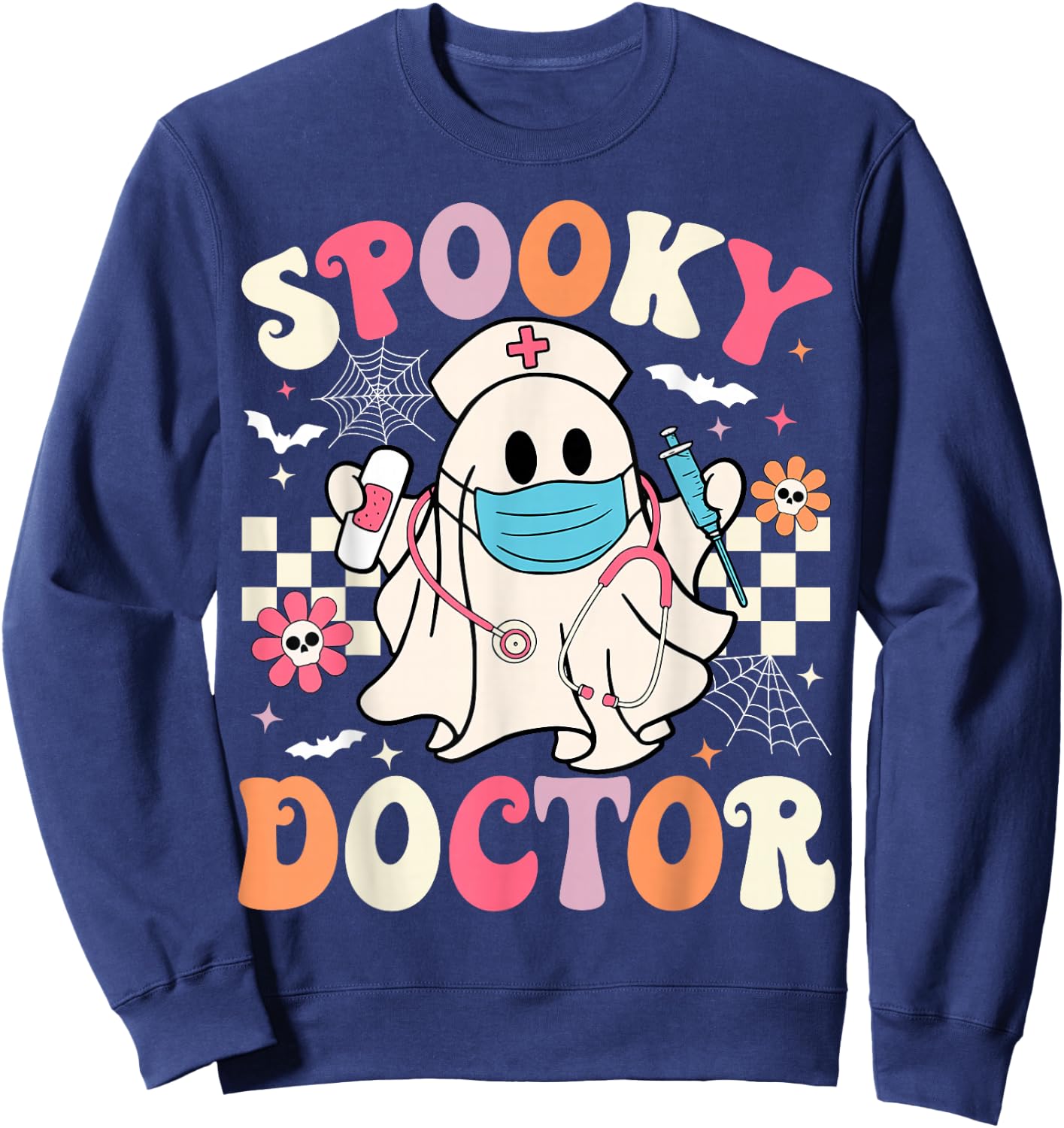 Spooky Doctor Ghost Halloween Cute Groovy Doctor Halloween Sweatshirt - Sweatshirt | Navy