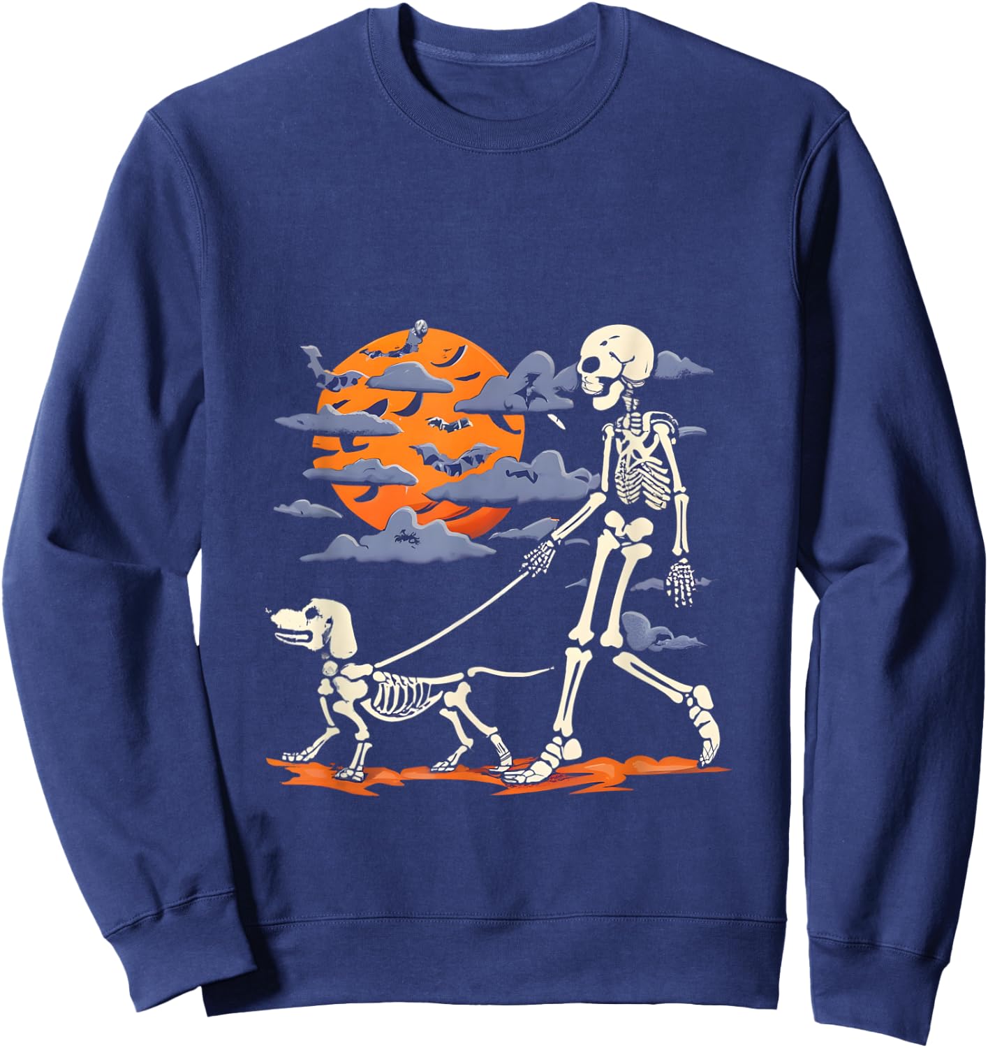 Skeleton man Skeleton Dog Walking Halloween Costume moon Sweatshirt - Sweatshirt | Navy