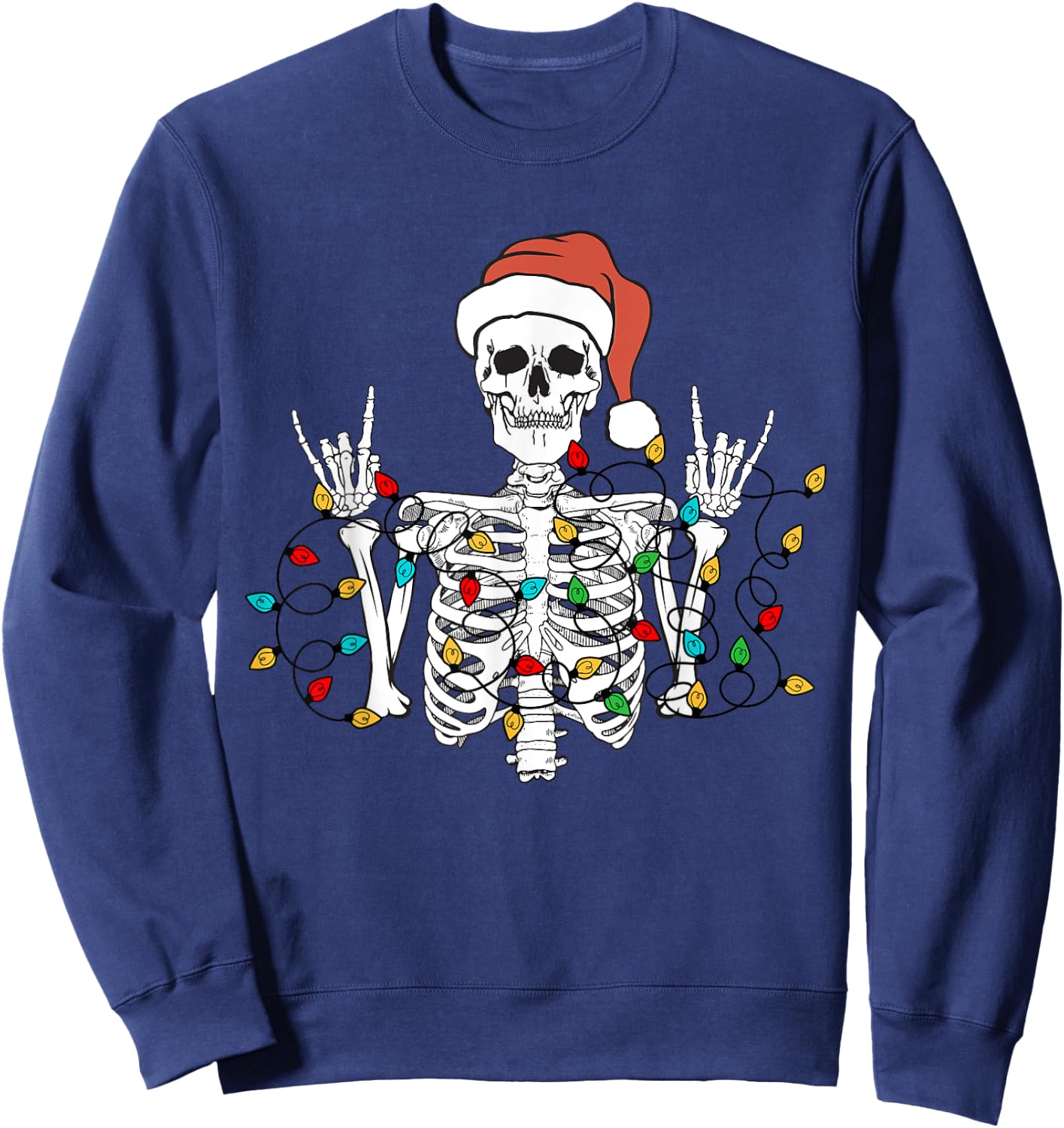Christmas Skeleton Rocker Wrapped in Xmas Lights Santa Hat Sweatshirt - Sweatshirt | Navy