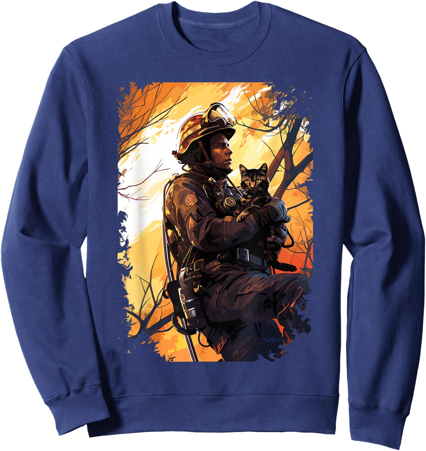 Firefighter Saving A Cat - Firefighter & Fireman Sweatshirt - Sweatshirt | Navy