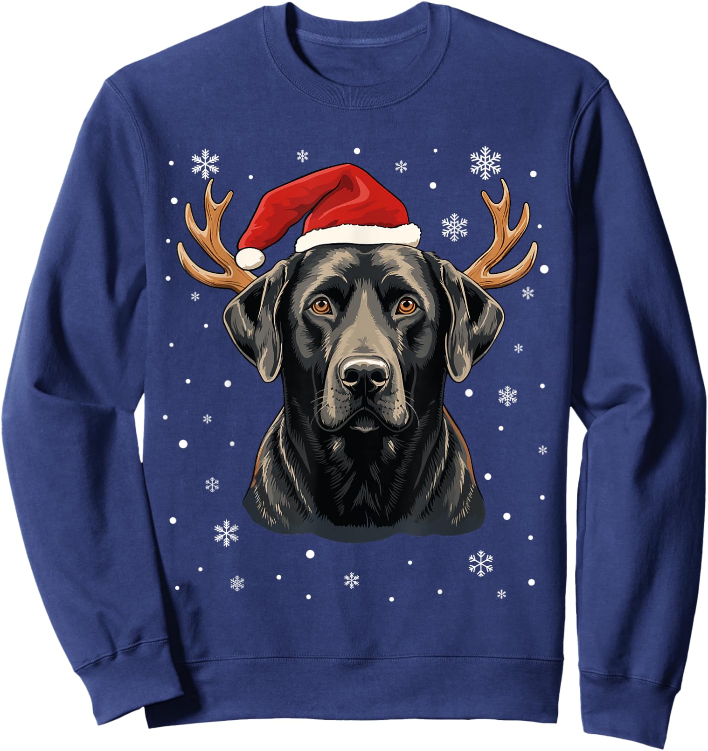 Black Labrador Christmas Santa Hat Reindeer Antlers Xmas Sweatshirt - Sweatshirt | Navy
