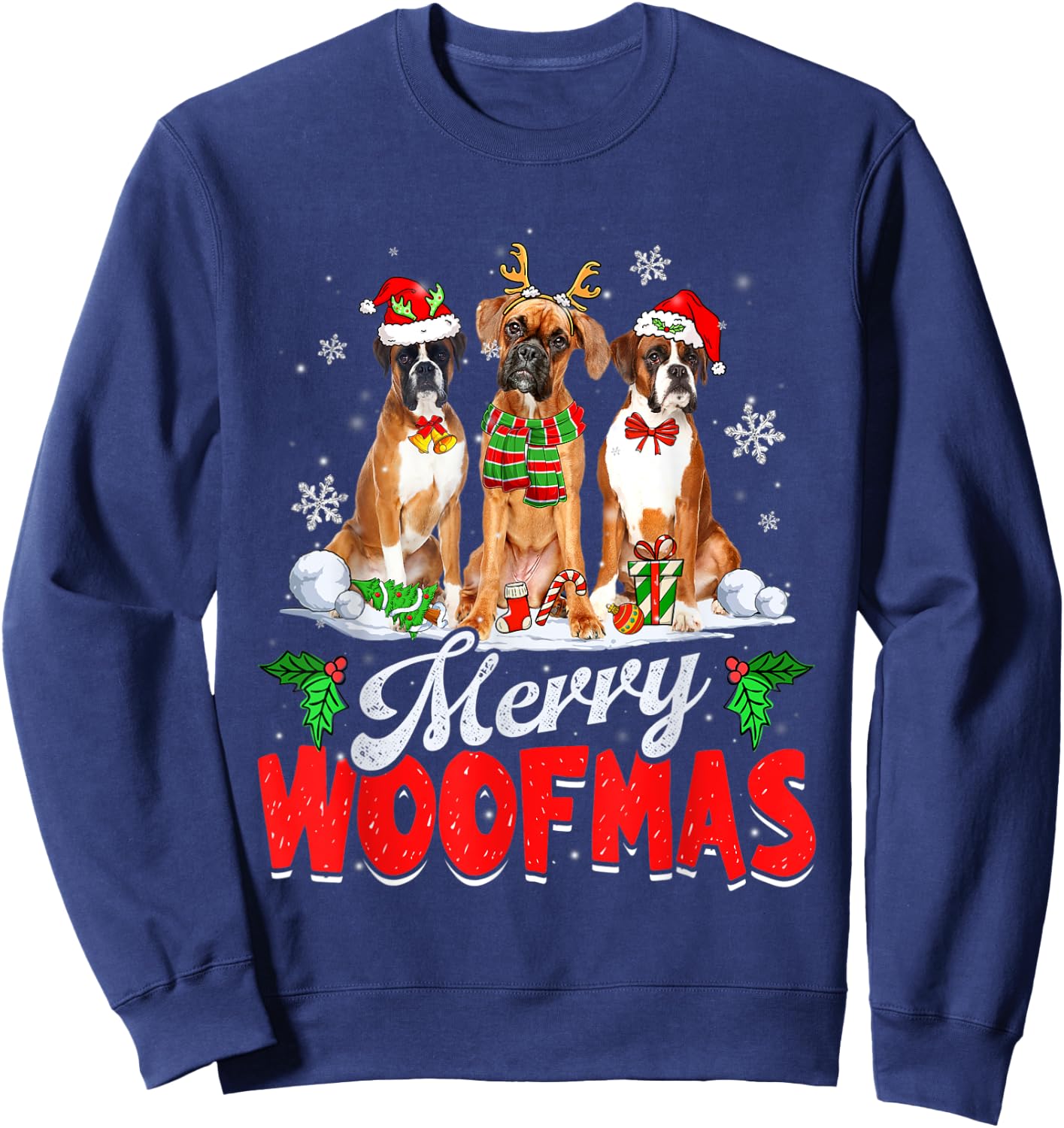 Merry Woofmas Boxer Dog Christmas Dog Lover Xmas Sweatshirt - Sweatshirt | Navy