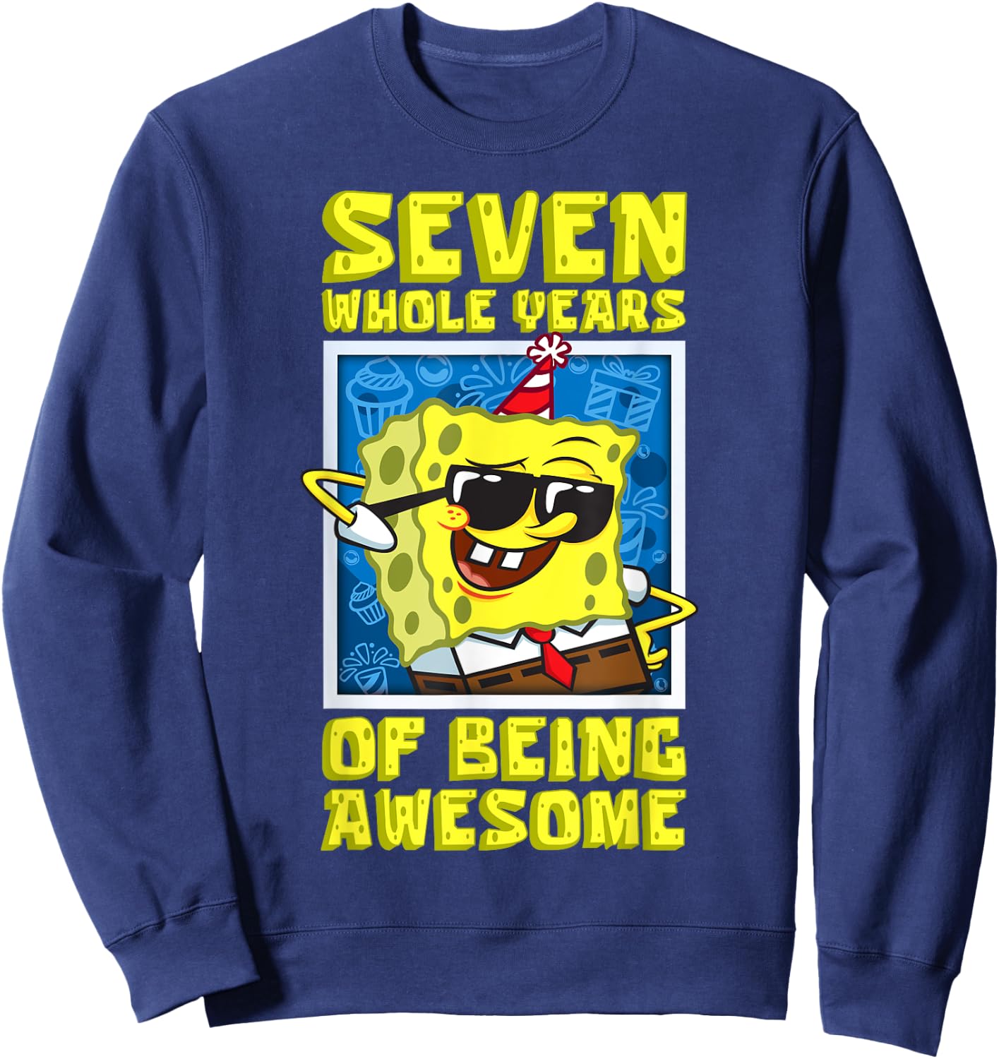 Mademark x SpongeBob SquarePants - SpongeBob Seven Years of Being Awesome Boy 7th Birthday Gift Sweatshirt - Sweatshirt | Navy
