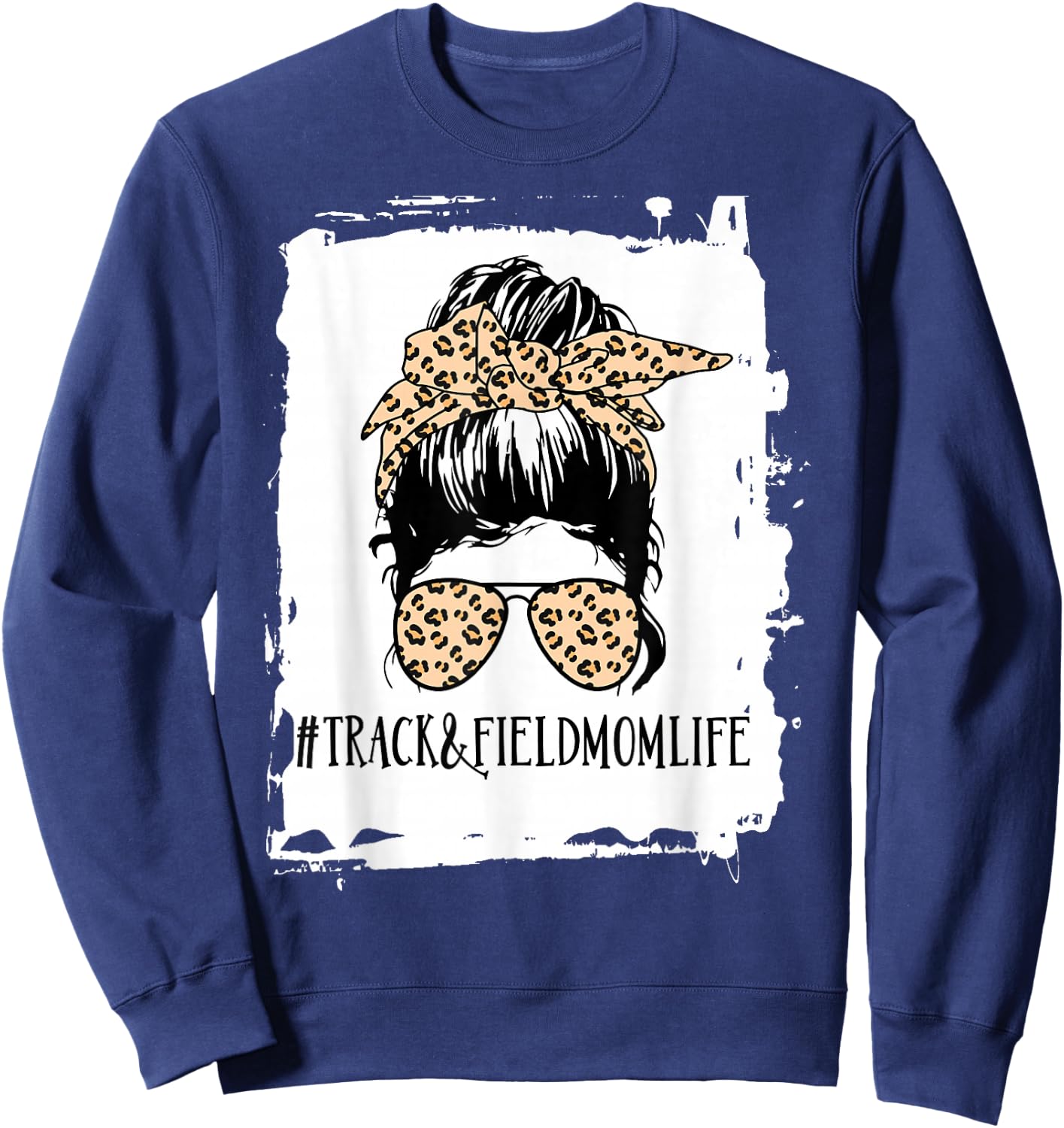 Track and Field Mom Life Messy Bun Leopard Sweatshirt - Sweatshirt | Navy