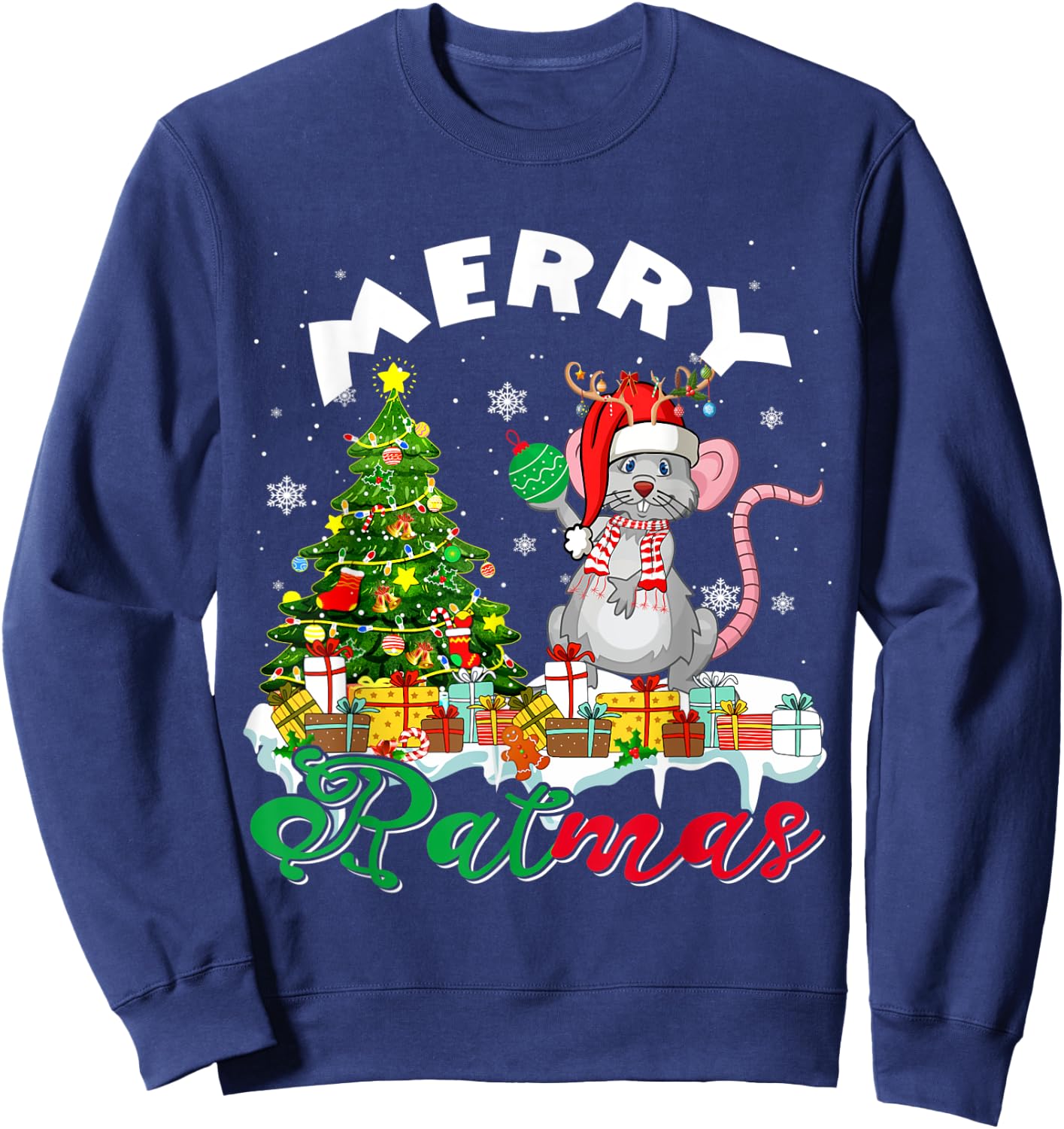 Merry Xmas Santa Reindeer Rat Sitting With Xmas Presents Sweatshirt - Sweatshirt | Navy