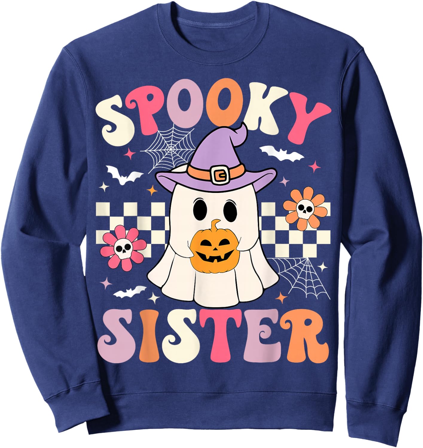 Groovy Spooky Sister Retro Ghost Holding Pumpkin Halloween Sweatshirt - Sweatshirt | Navy