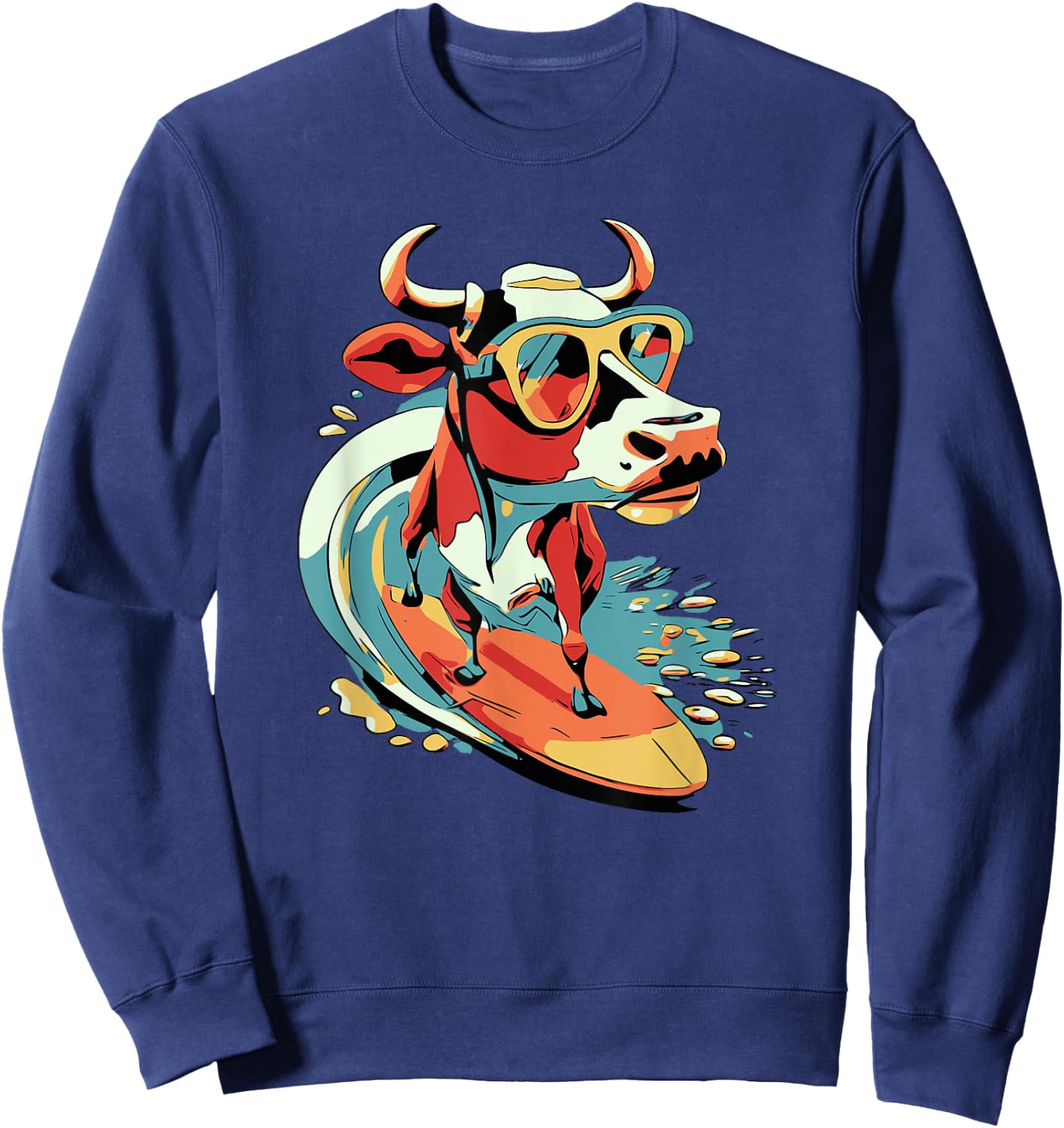 Surfing Cow Catching a Wave Farmer Surfer Surf Time Sweatshirt - Sweatshirt | Navy