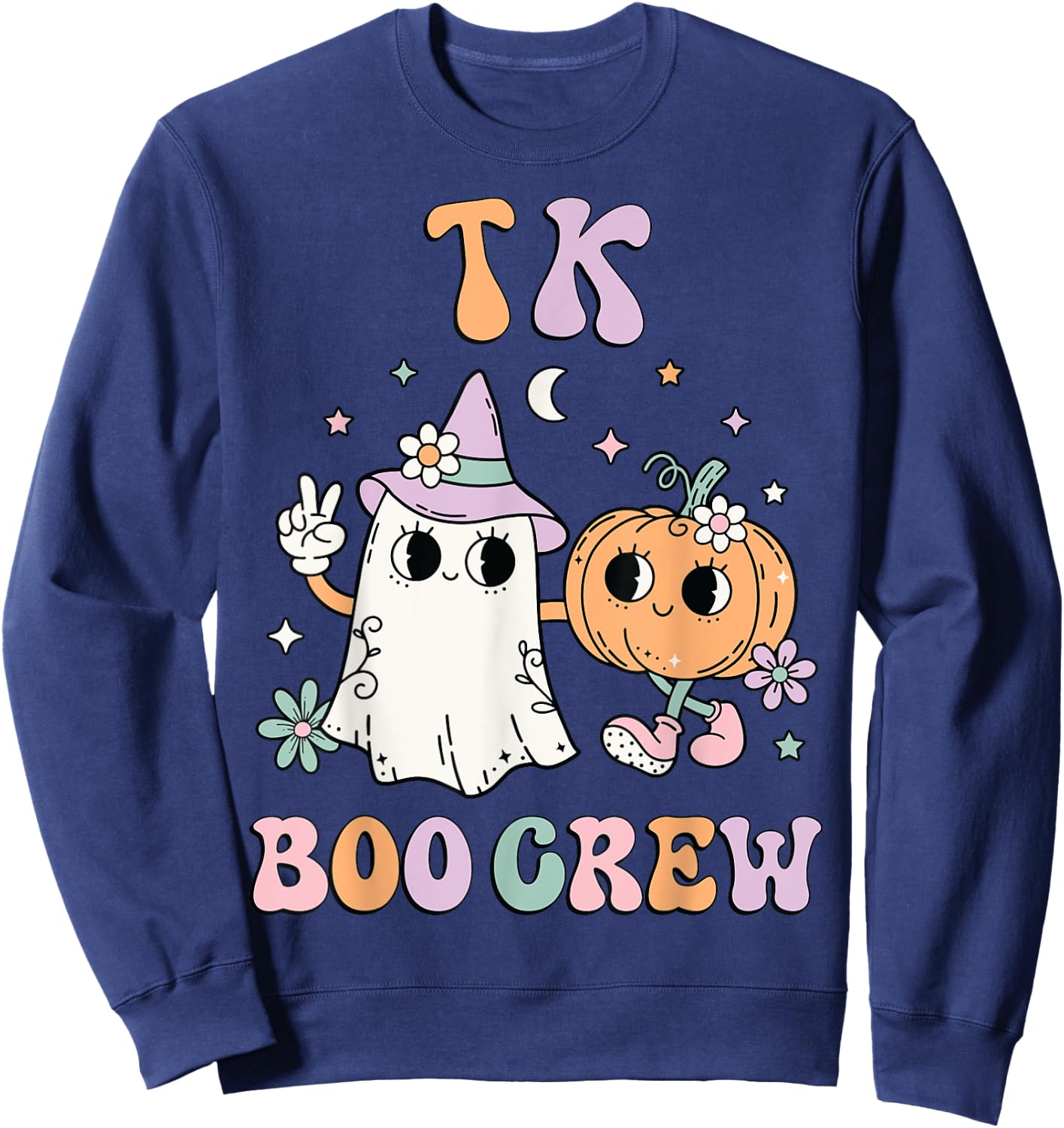 TK Boo Crew Retro Groovy Halloween Floral Ghost TK Teacher Men Women Kids Sweatshirt - Sweatshirt | Navy