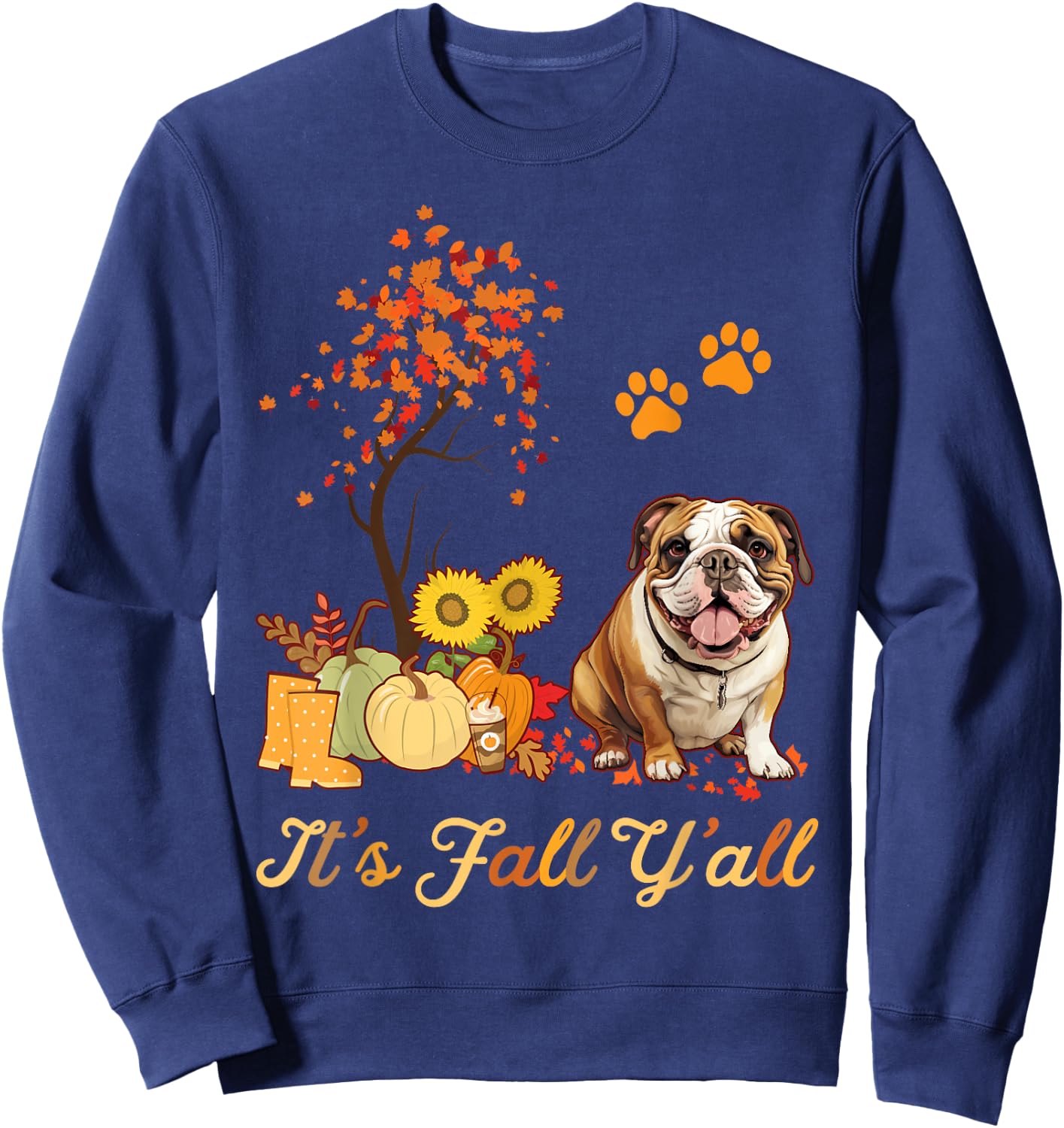 English Bulldog Fall Leaves Autumn Maple Tree Thanksgiving Sweatshirt - Sweatshirt | Navy