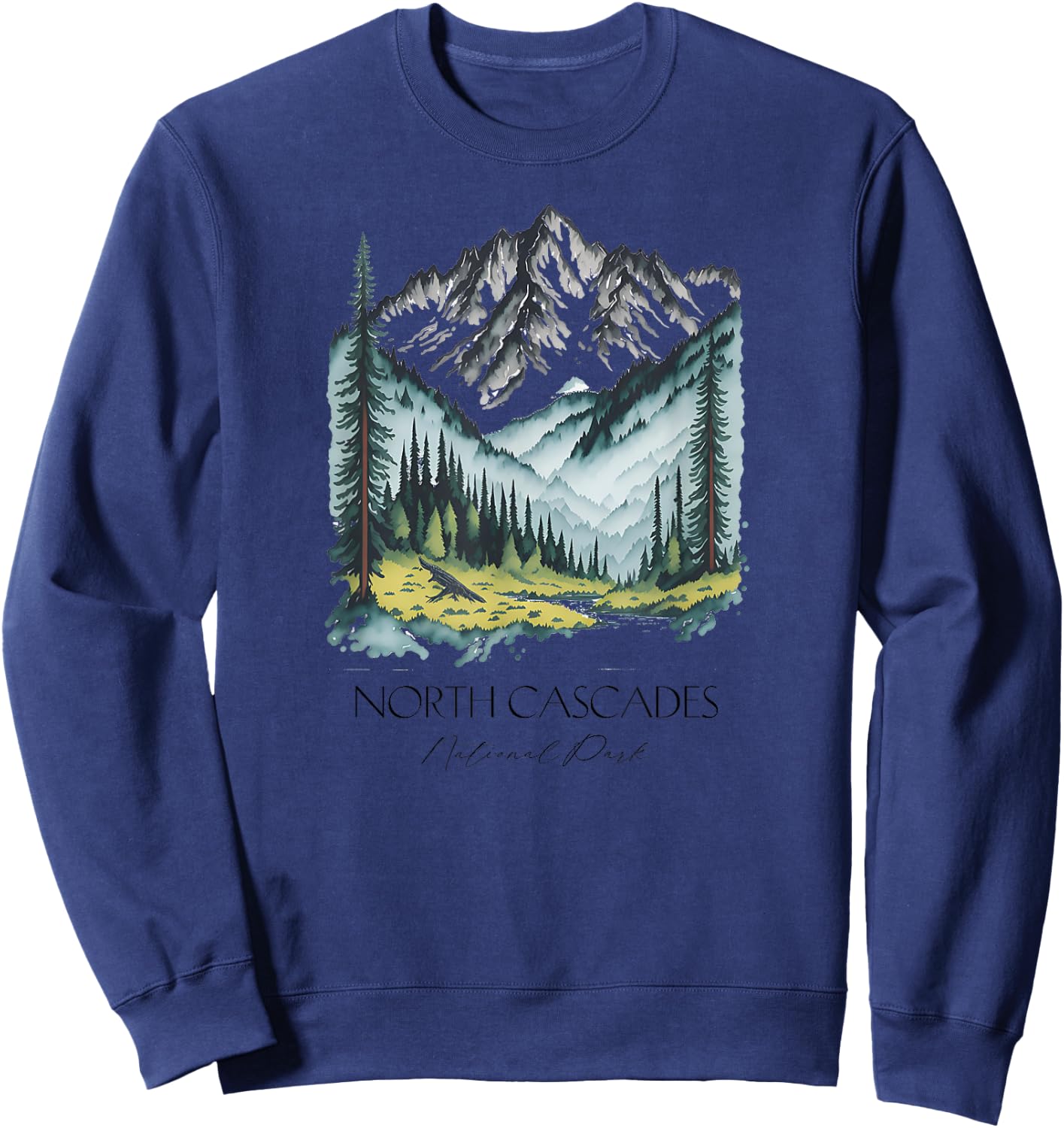 Cool North Cascades National Park Hiking Watercolor Graphic Sweatshirt - Sweatshirt | Navy