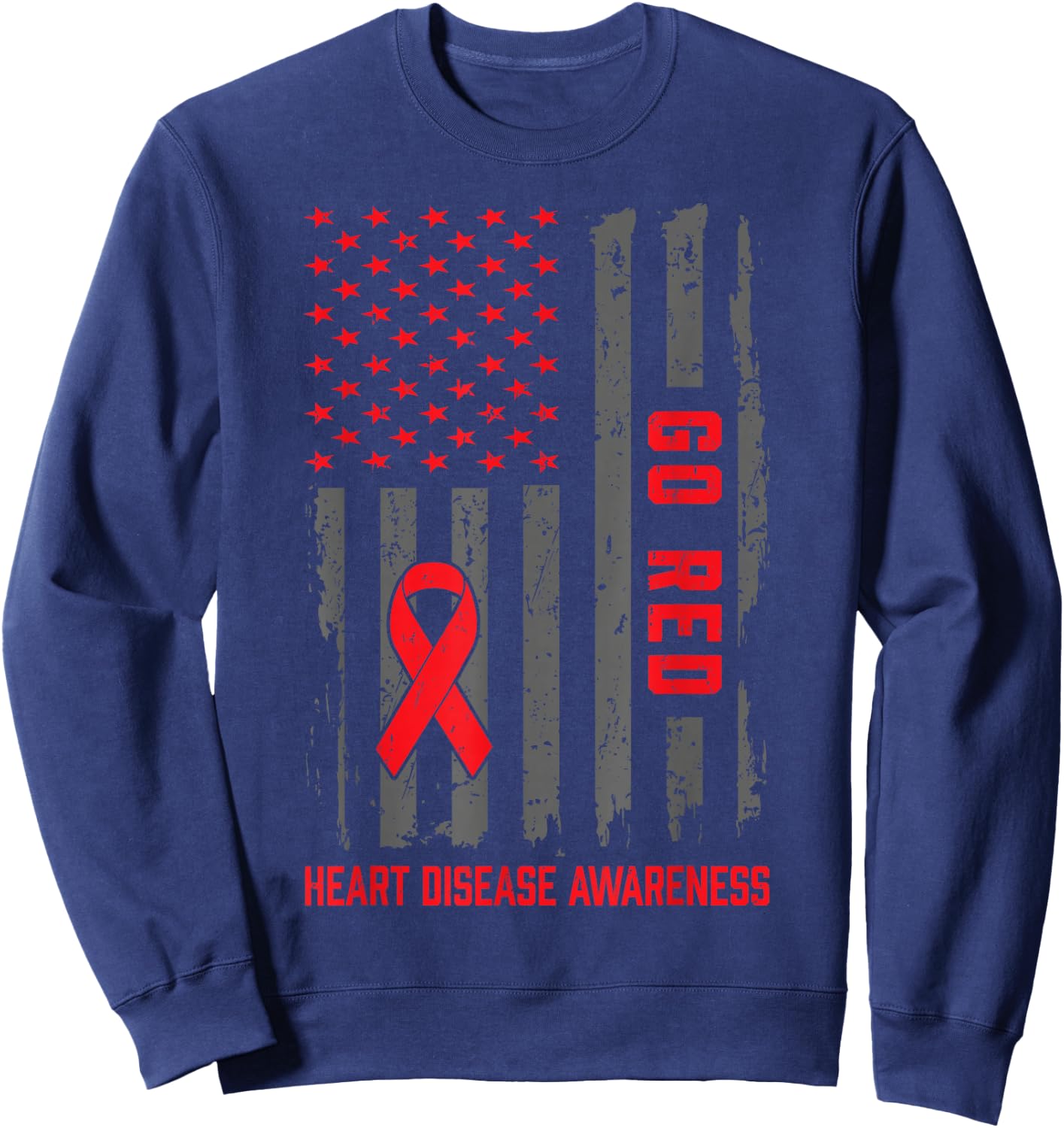 Heart Disease American Flag Go Red Heart Disease Awareness Sweatshirt - Sweatshirt | Navy