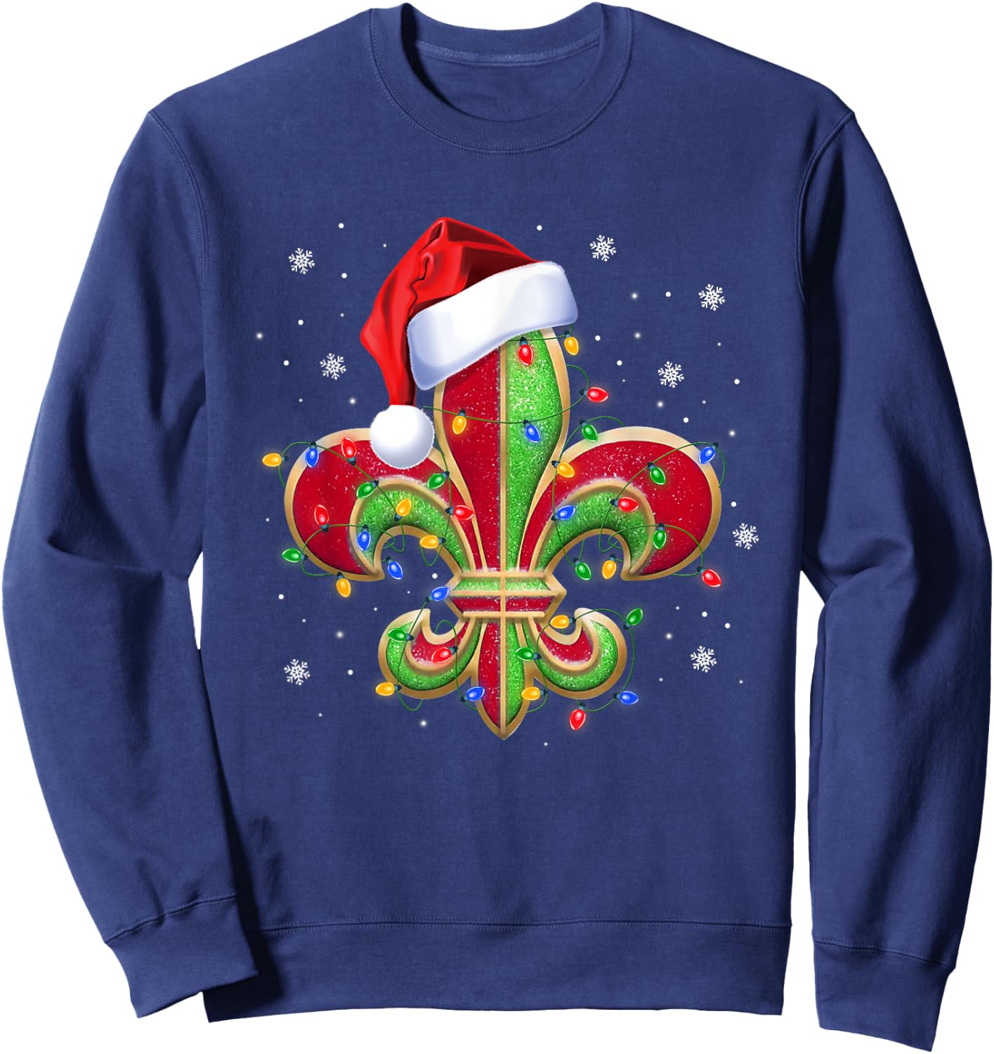 Fleur De Lis Christmas Ornament with Santa Hat Xmas Lights Sweatshirt - Sweatshirt | Navy