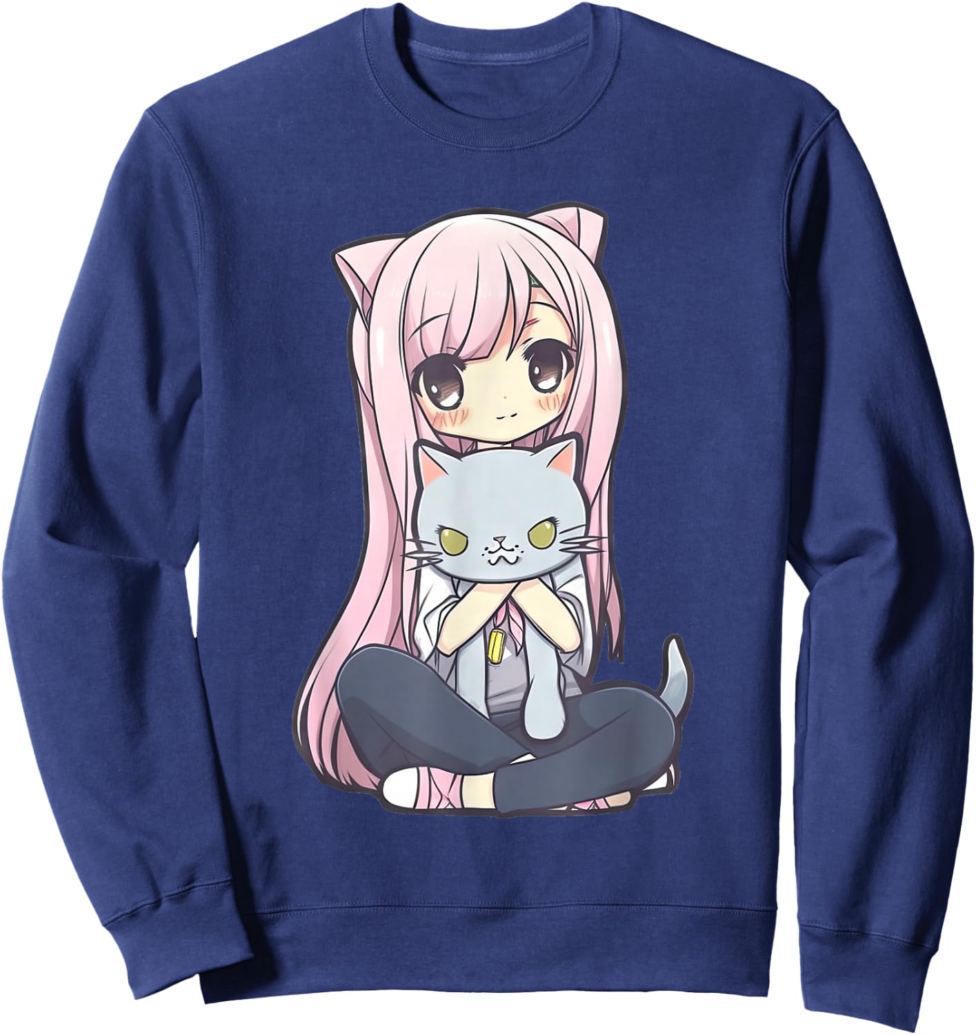 Anime and Cats Kawaii Cute Teen Otaku Girl with Cat Sweatshirt - Sweatshirt | Navy