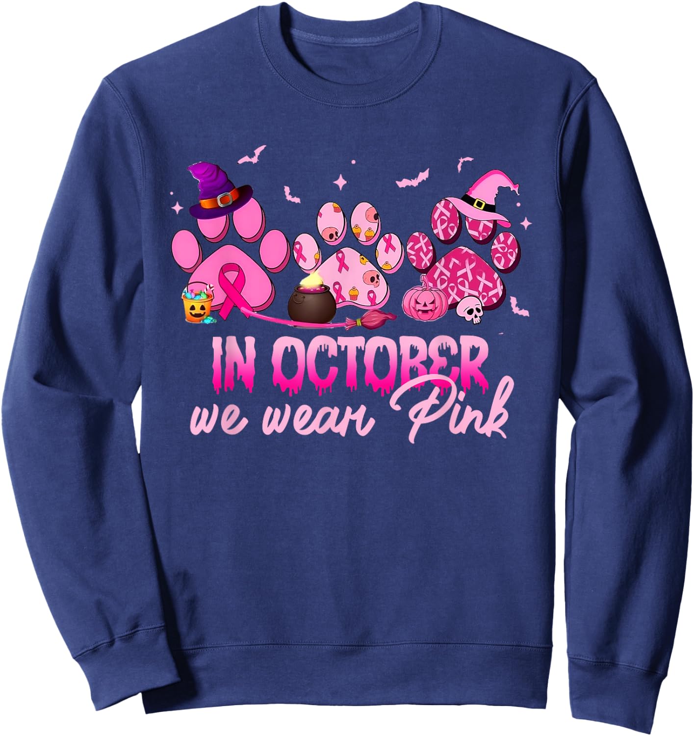 In October We Wear Pink Dog Cat Paw Breast Cancer Awareness Sweatshirt - Sweatshirt | Navy