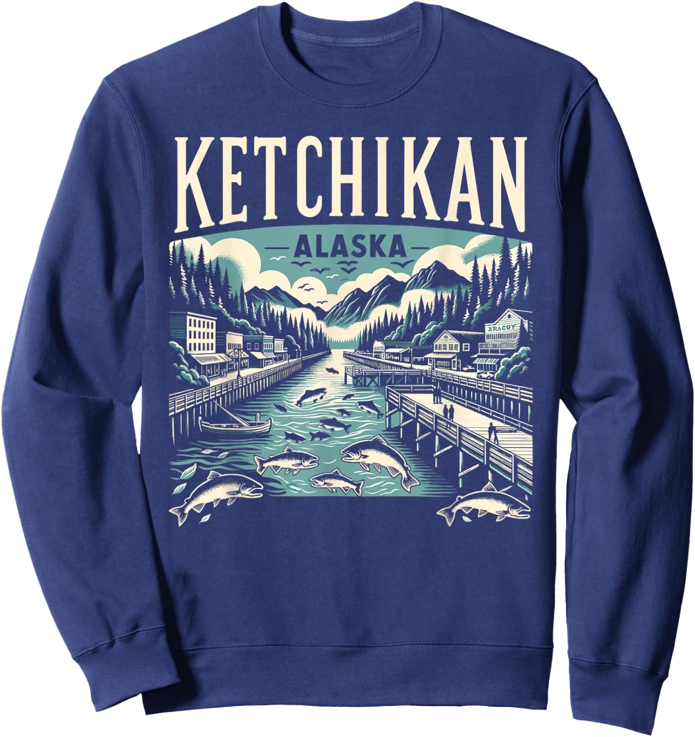 Ketchikan Alaska AK Vintage Graphic Salmon Capital Fishing Sweatshirt - Sweatshirt | Navy
