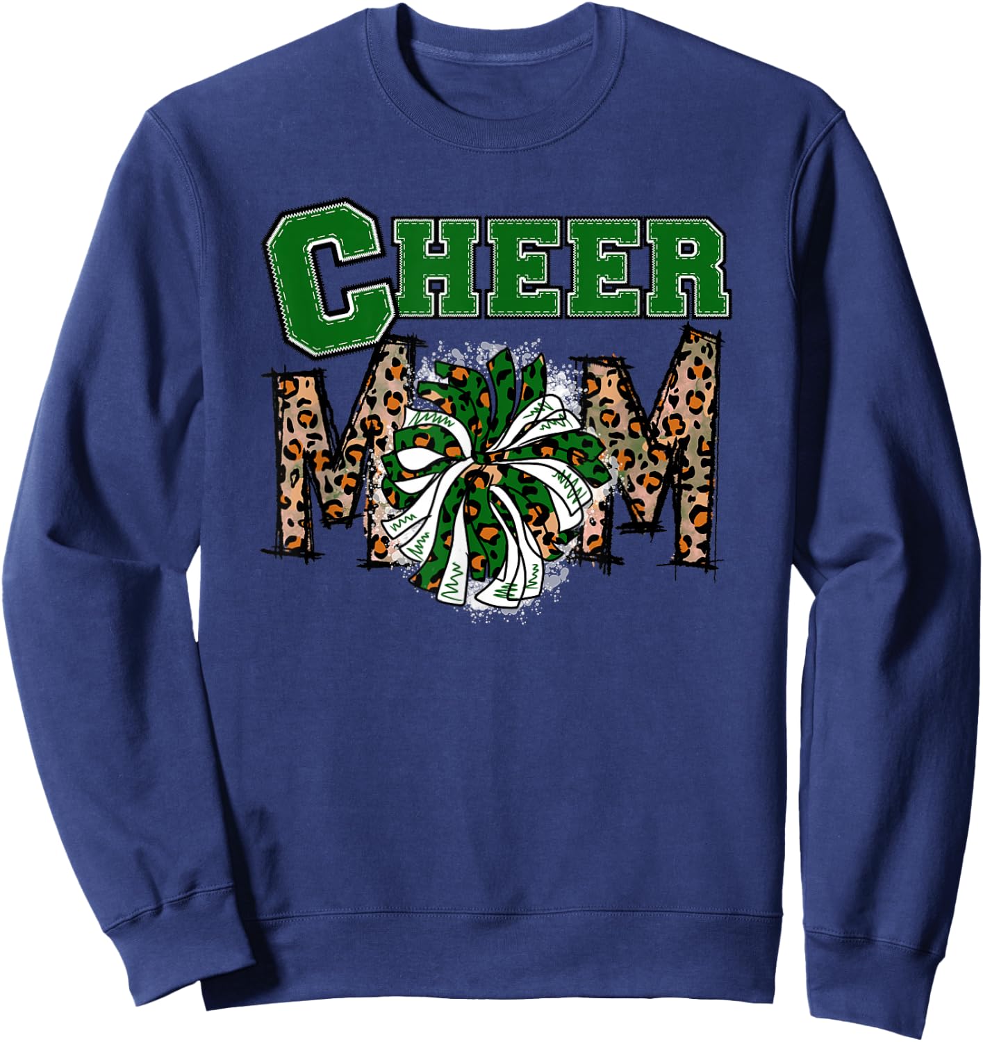 Cheer Mom - Cute Leopard Letters - Green Team - Cheerleader Sweatshirt - Sweatshirt | Navy