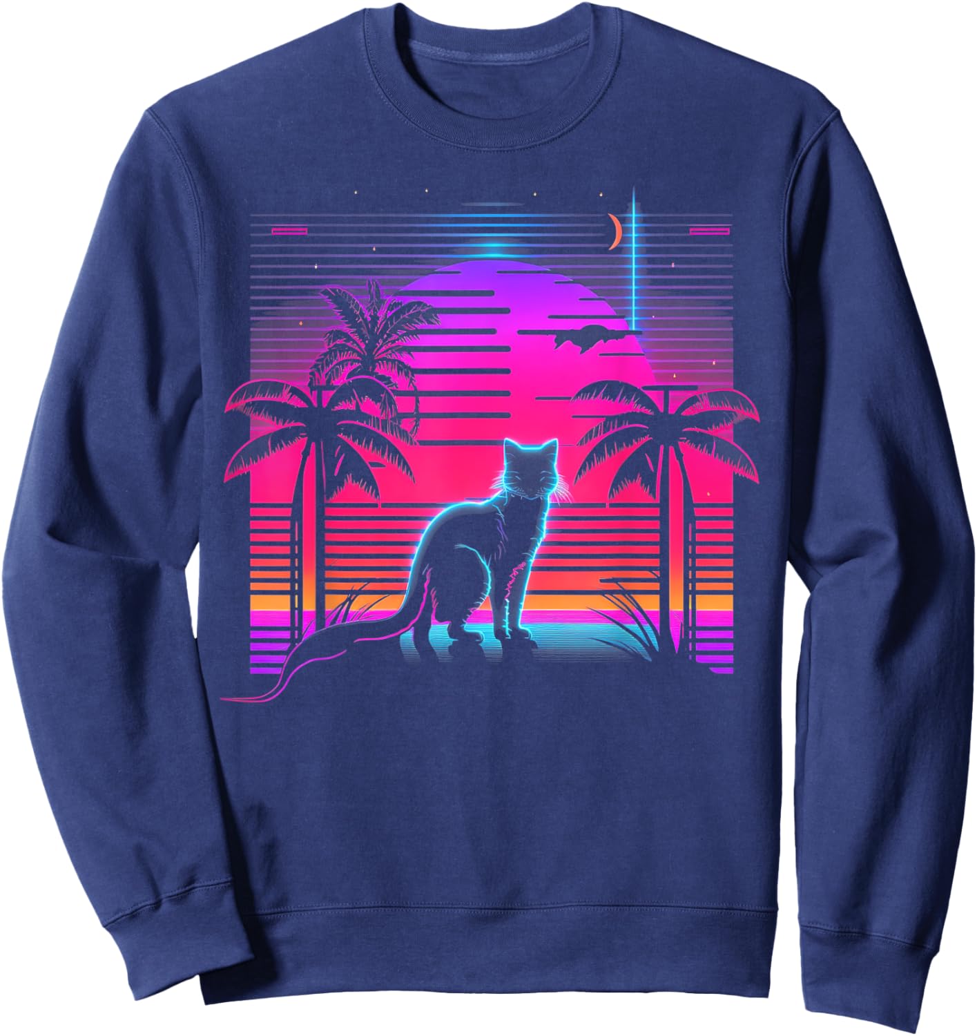 Cat Vaporwave Retrowave Aesthetic Synthwave 80s Palm Tree Women Kids Sweatshirt - Sweatshirt | Navy
