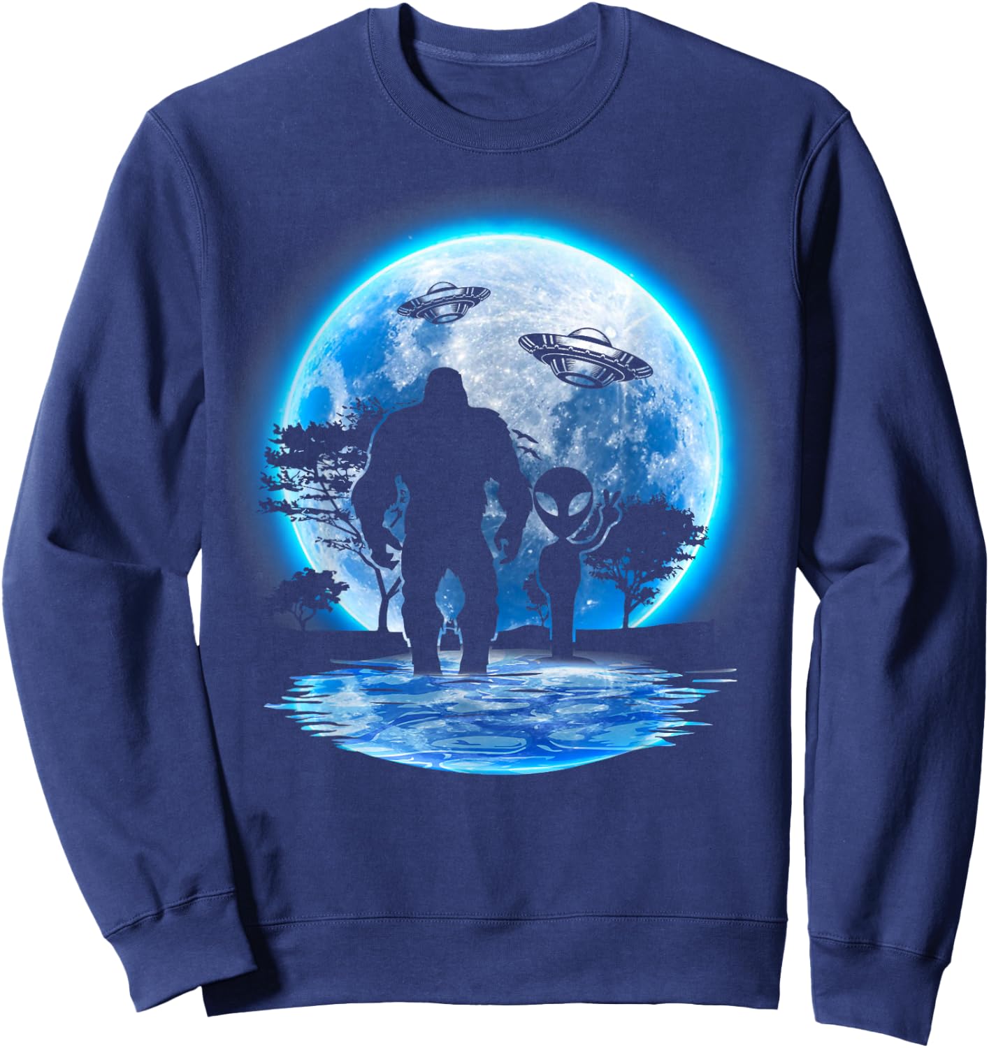 Alien & Bigfoot Moon Big Foot Sasquatch Gifts Women Sweatshirt - Sweatshirt | Navy