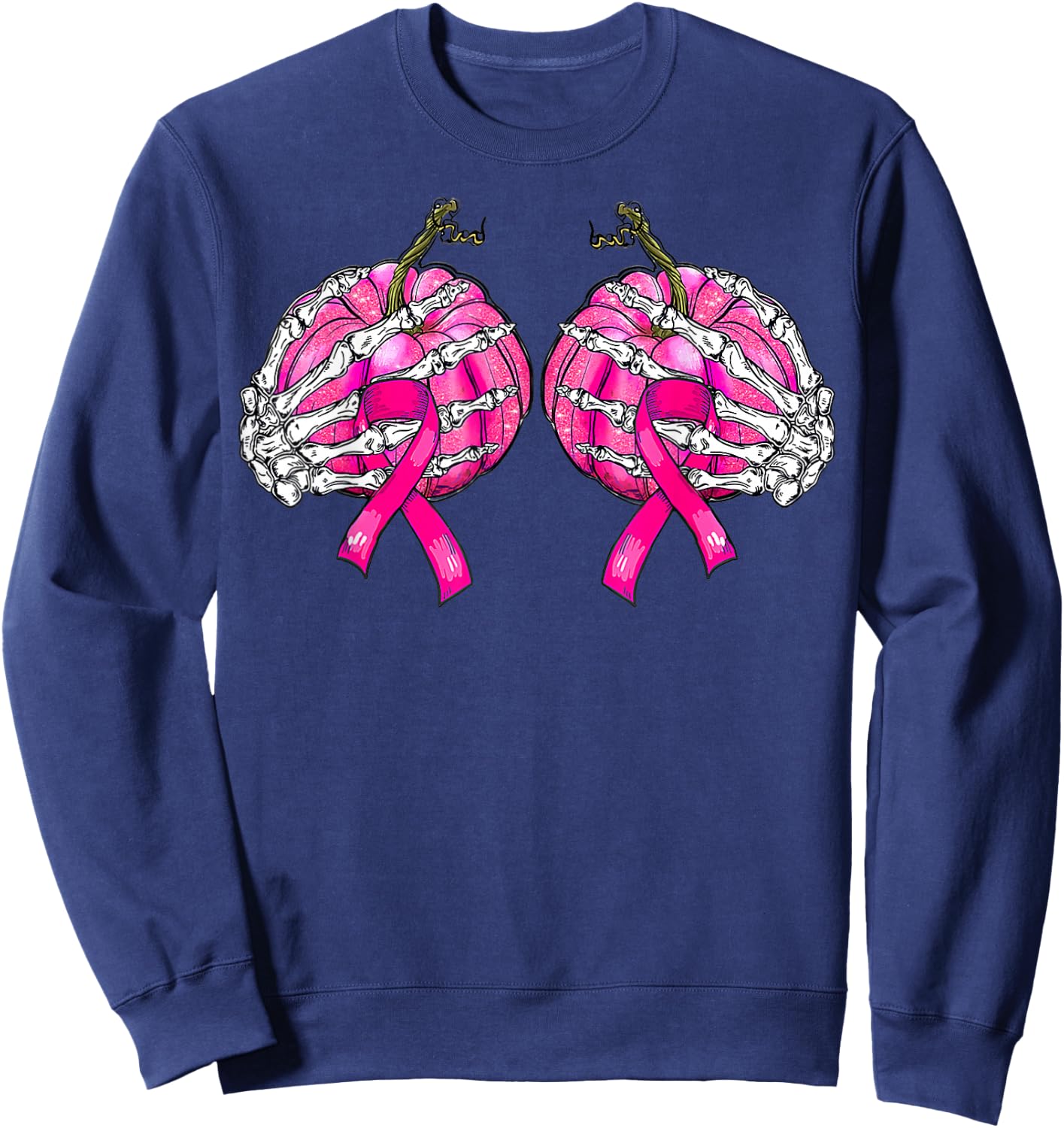 Skeleton Hand Boobs Pumpkin Breast Cancer Halloween Women Sweatshirt - Sweatshirt | Navy