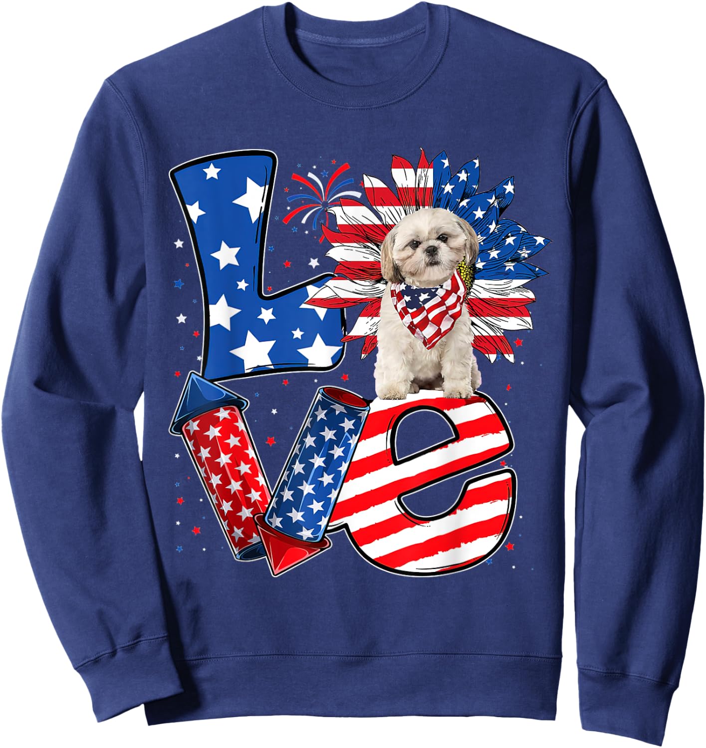 4th of July Decor Patriotic LOVE Shih Tzu Dog USA Flag Sweatshirt - Sweatshirt | Navy
