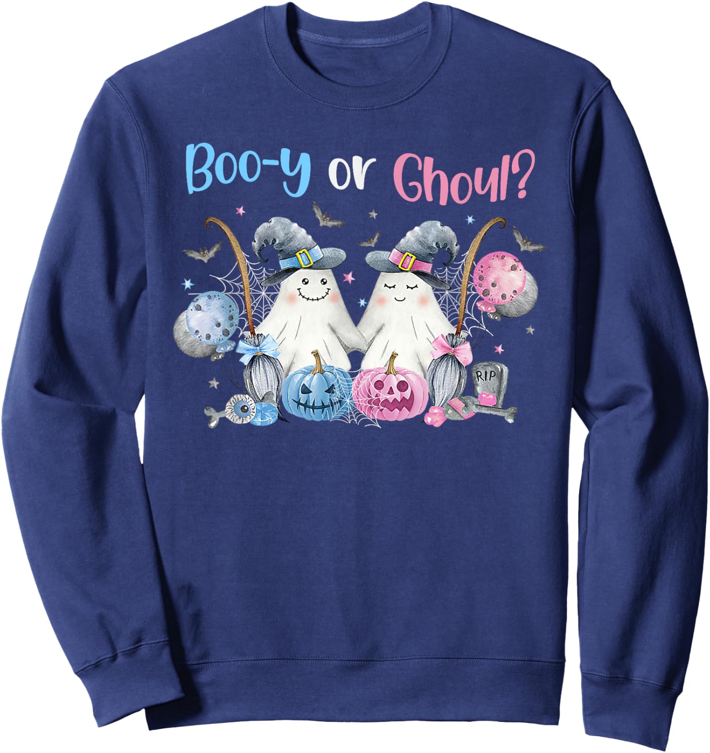 Cute Spooky Witch Ghost Boo-y or Ghoul Gender Reveal Sweatshirt - Sweatshirt | Navy